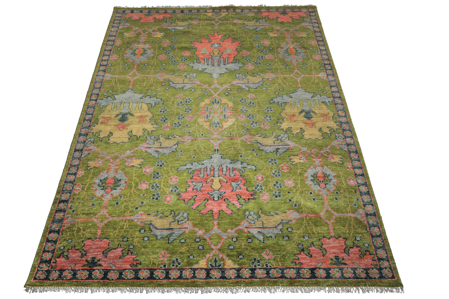 Multi Size Green Pink Navy Color Hand Knotted Turkish Oushak 100% Wool Traditional Oriental Rug