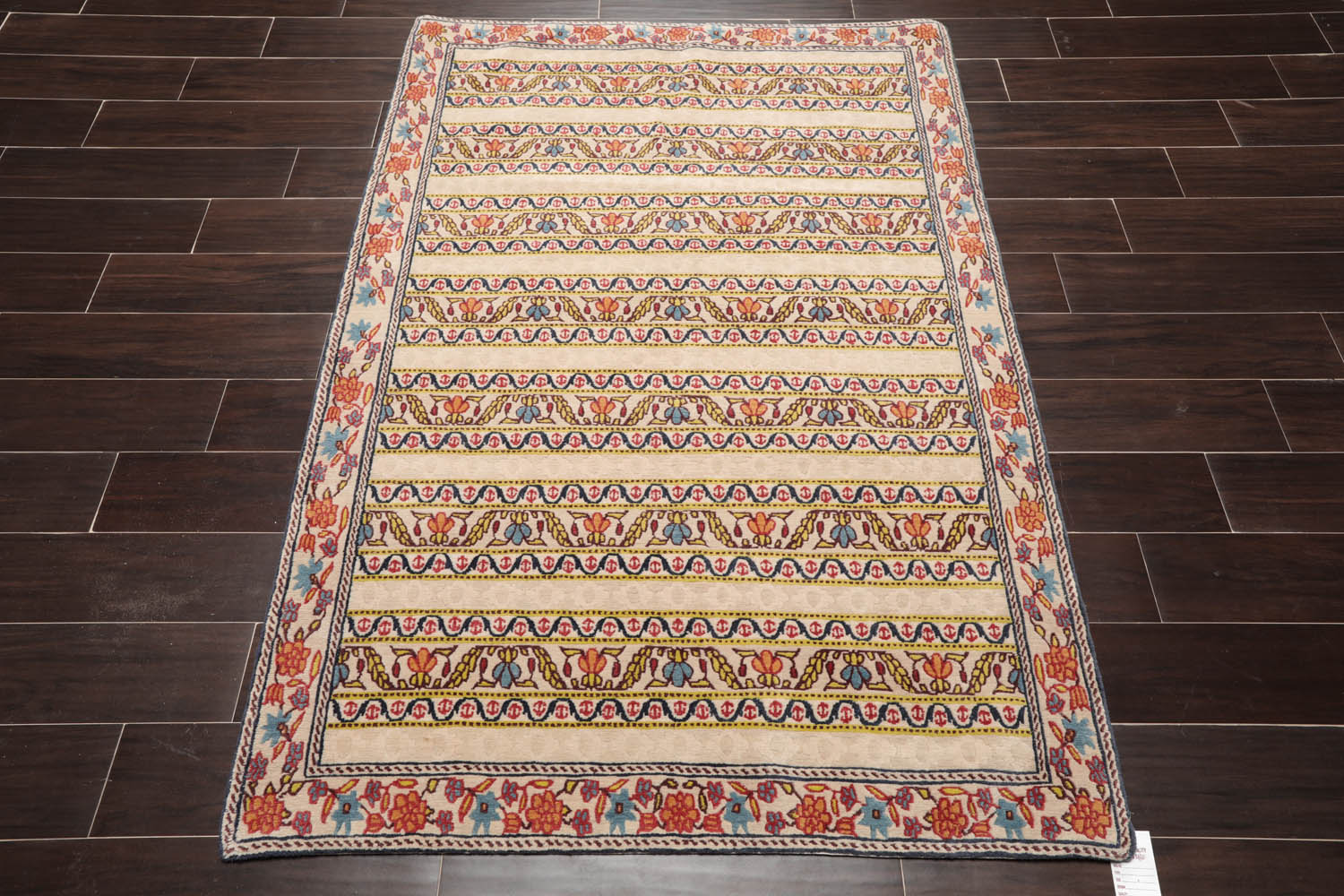 4x6 Beige, Blue, Mustard Color Hand Knotted All-Over 100% Wool Transitional Oriental Rug