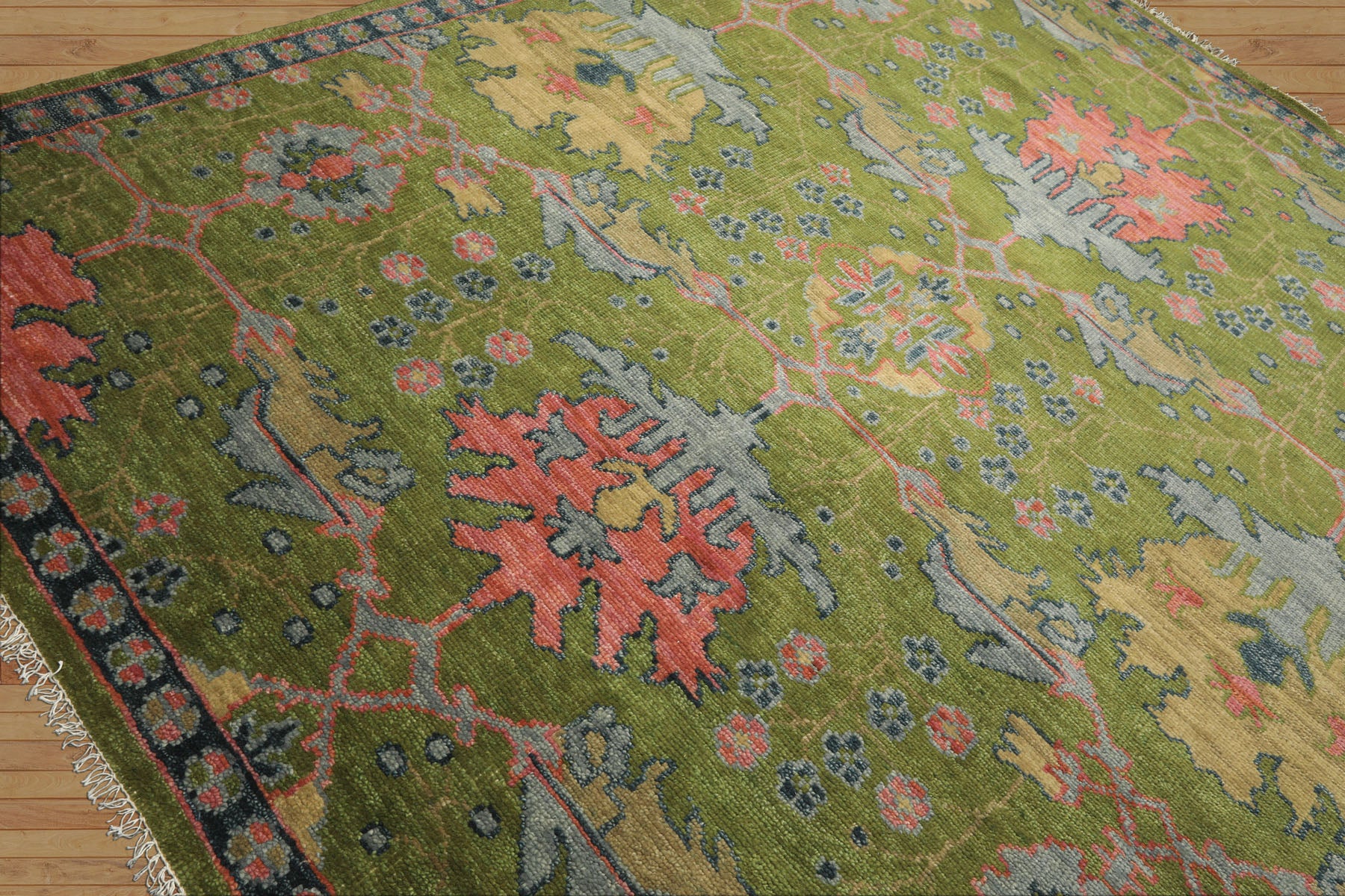 Multi Size Green Pink Navy Color Hand Knotted Turkish Oushak 100% Wool Traditional Oriental Rug