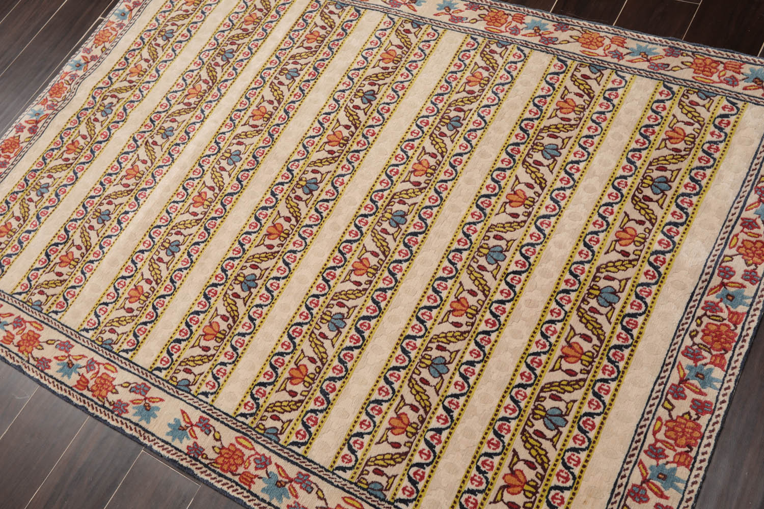 4x6 Beige, Blue, Mustard Color Hand Knotted All-Over 100% Wool Transitional Oriental Rug