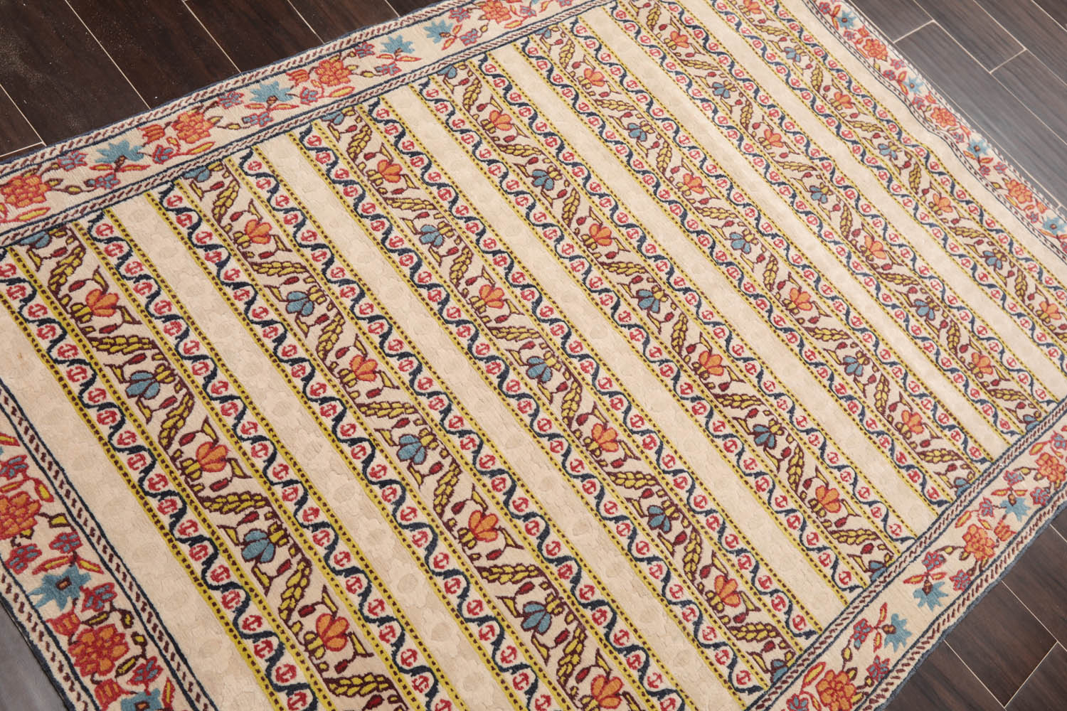4x6 Beige, Blue, Mustard Color Hand Knotted All-Over 100% Wool Transitional Oriental Rug