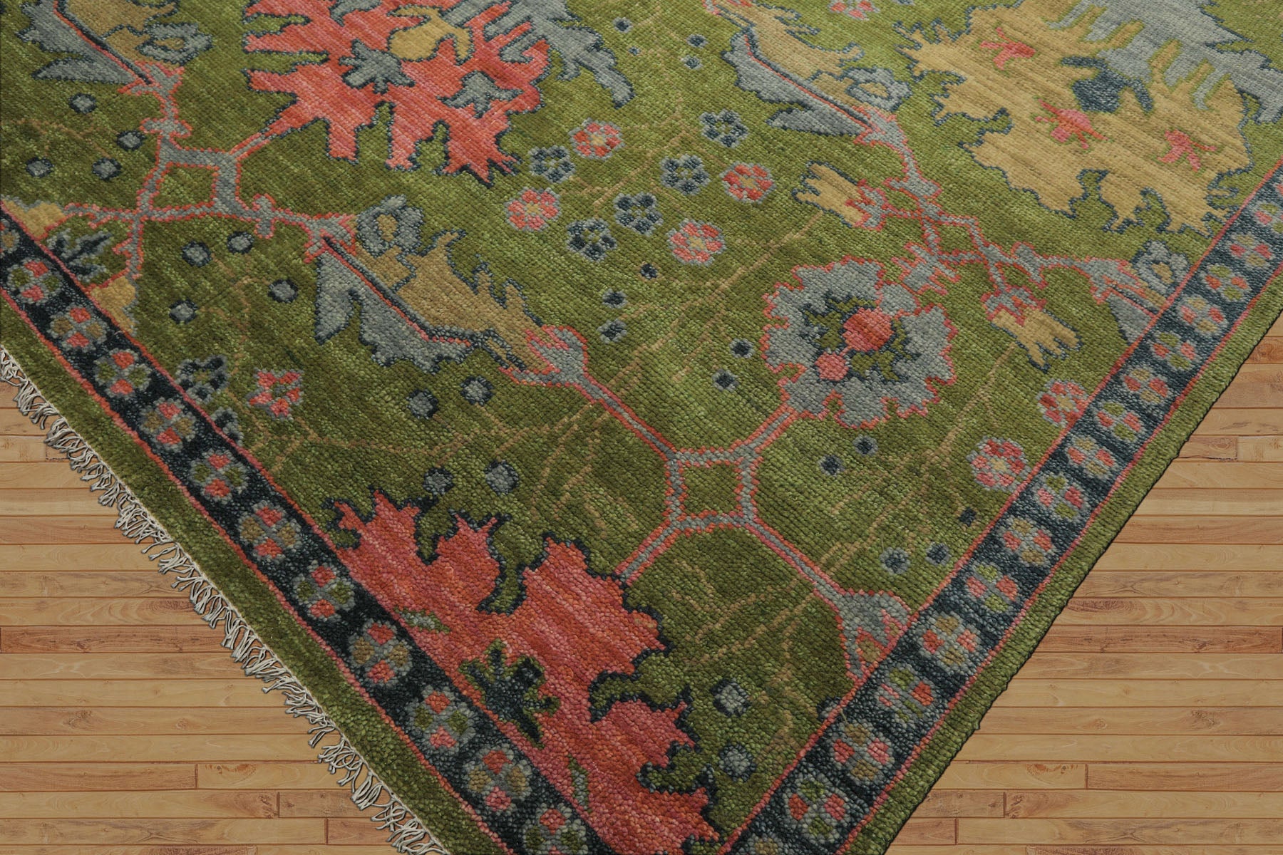 Multi Size Green Pink Navy Color Hand Knotted Turkish Oushak 100% Wool Traditional Oriental Rug