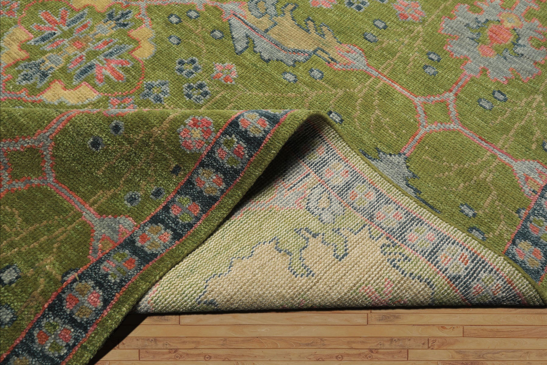 Multi Size Green Pink Navy Color Hand Knotted Turkish Oushak 100% Wool Traditional Oriental Rug