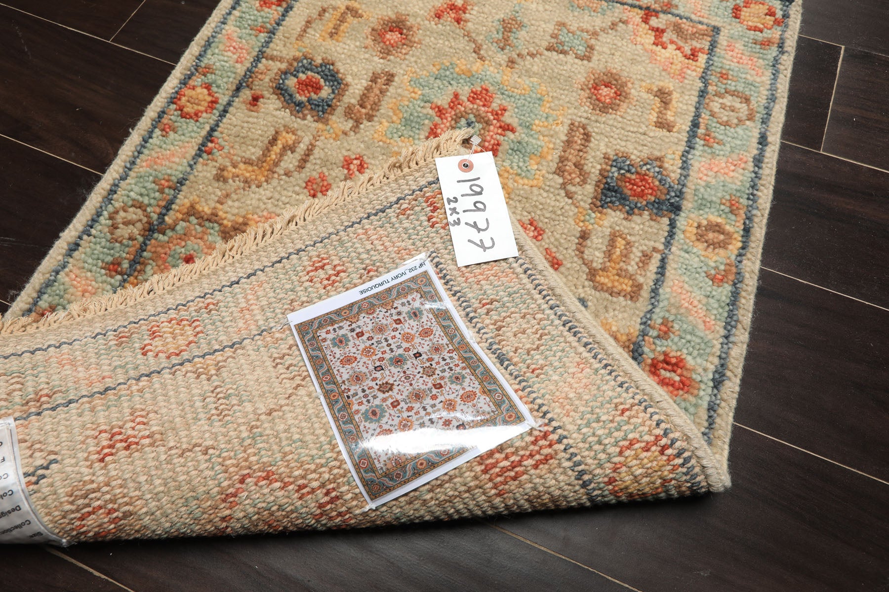 2x3 Beige, Aqua, Rust Color Hand Knotted Oushak Wool Transitional Oriental Rug