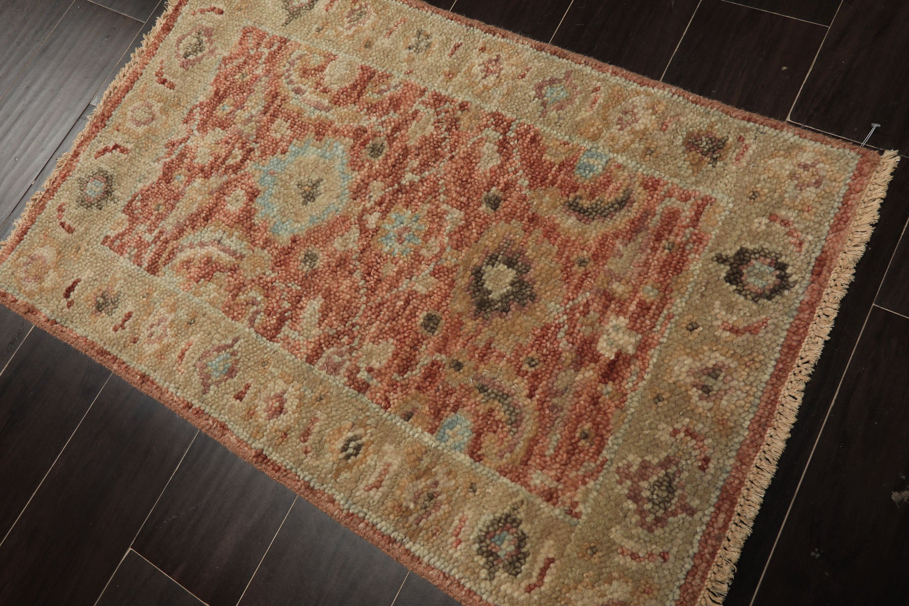 2x3 Rust, Beige, Aqua Color Hand Knotted Oushak Wool Transitional Oriental Rug