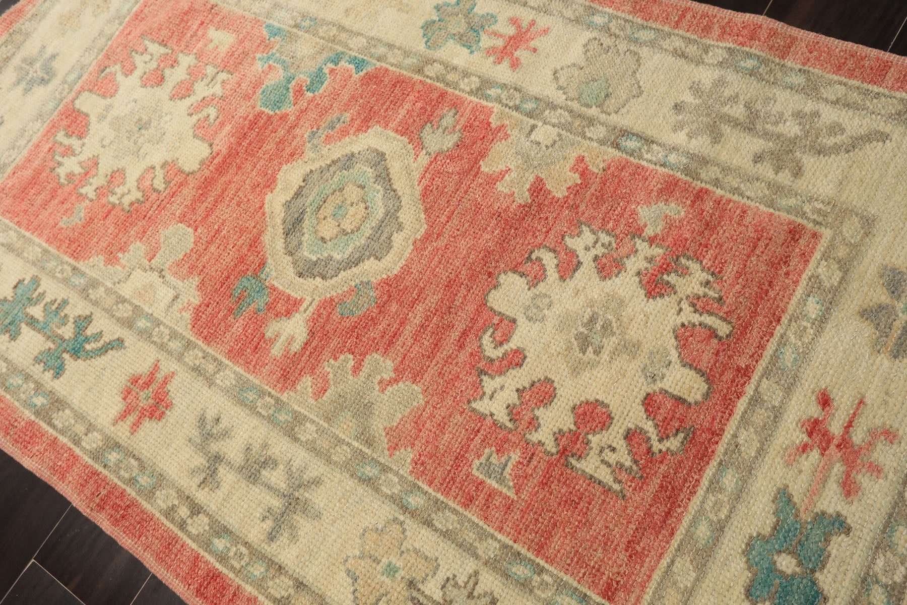 3x5 Coral, Ivory, Aqua Color Hand Knotted Oushak Wool Transitional Oriental Rug