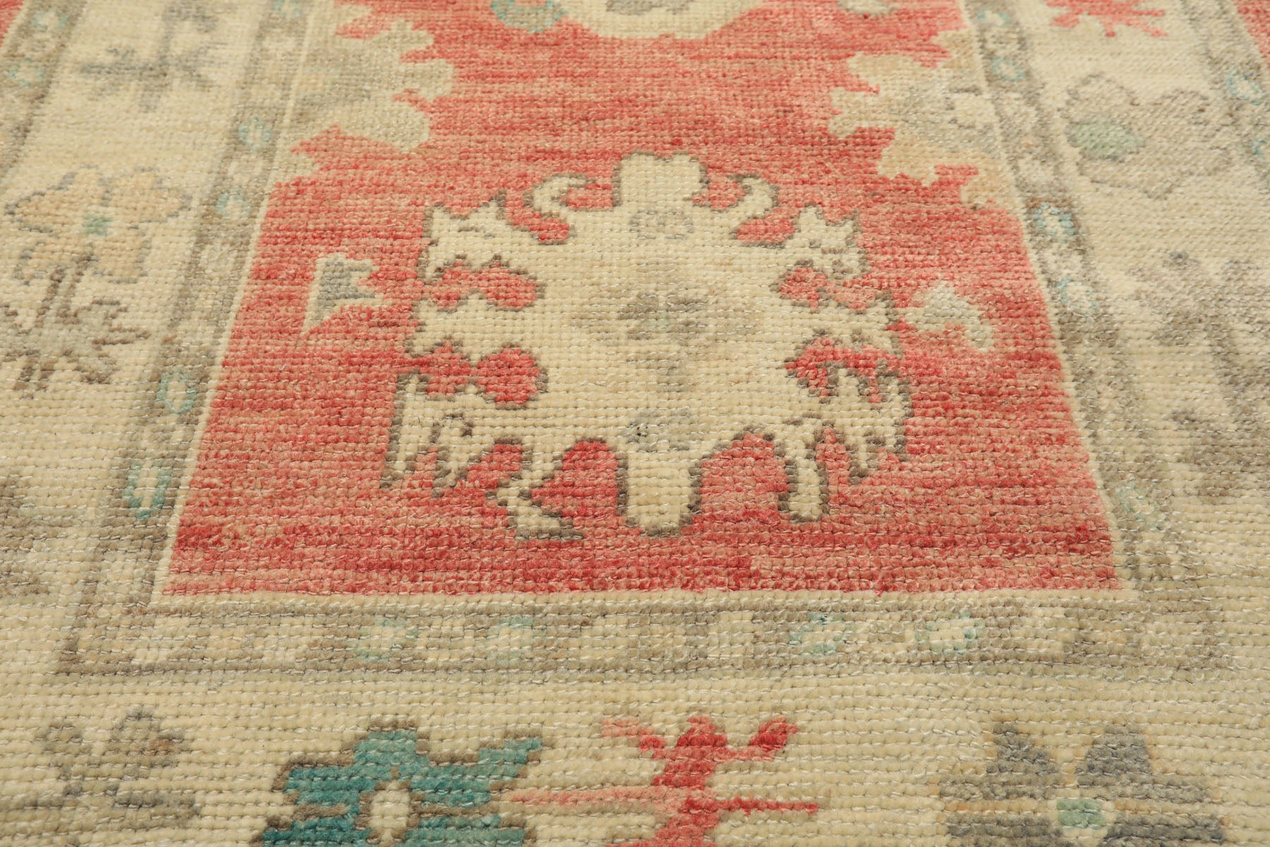 3x5 Coral, Ivory, Aqua Color Hand Knotted Oushak Wool Transitional Oriental Rug