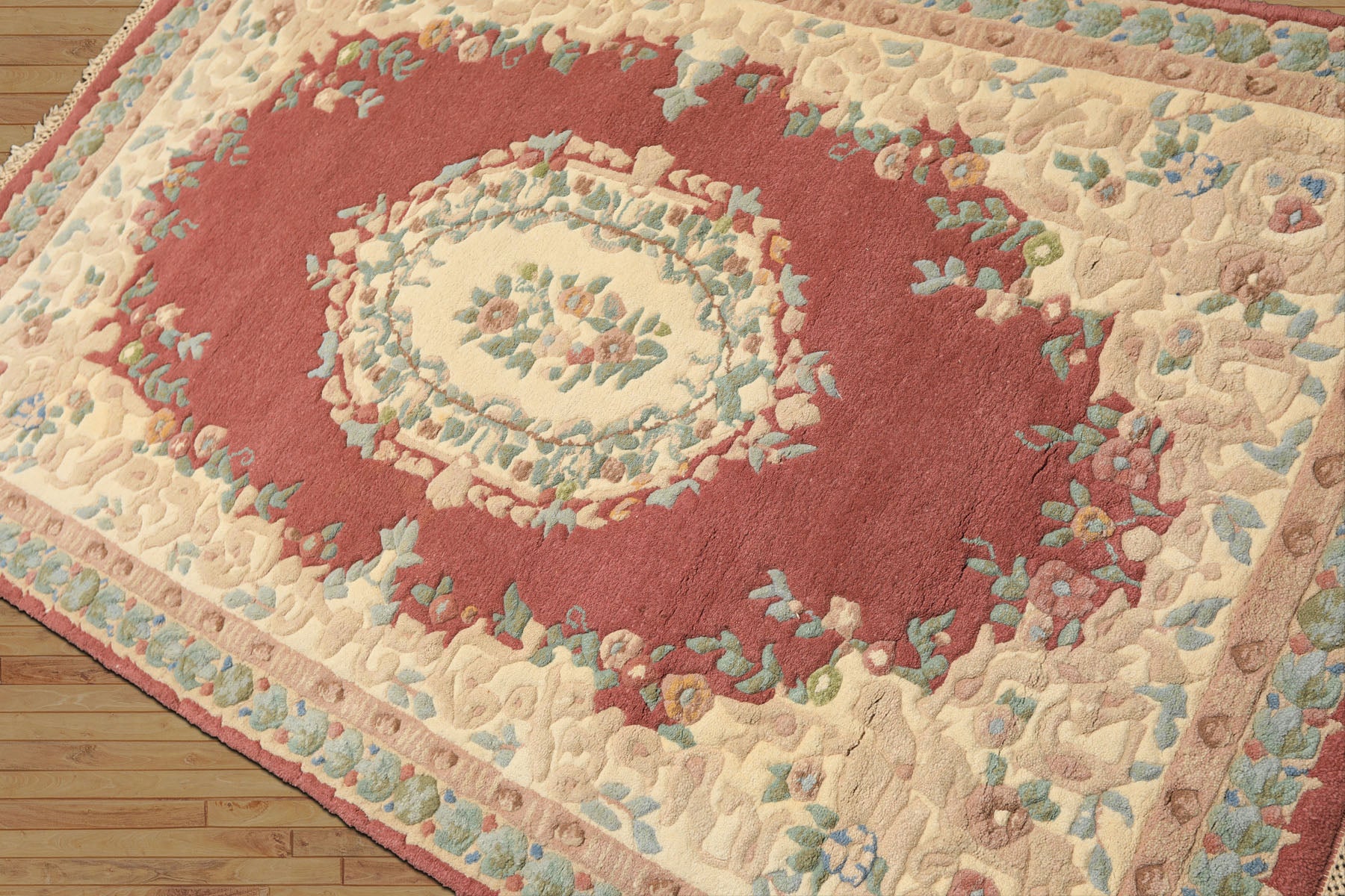 4x6 Rose, Ivory, Aqua Color Hand Knotted French Aubusson Savonnerie Wool Traditional Oriental Rug