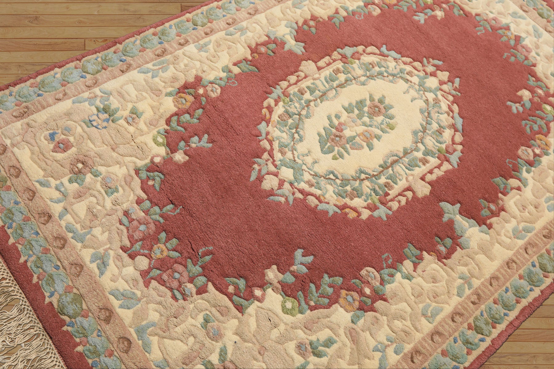 4x6 Rose, Ivory, Aqua Color Hand Knotted French Aubusson Savonnerie Wool Traditional Oriental Rug
