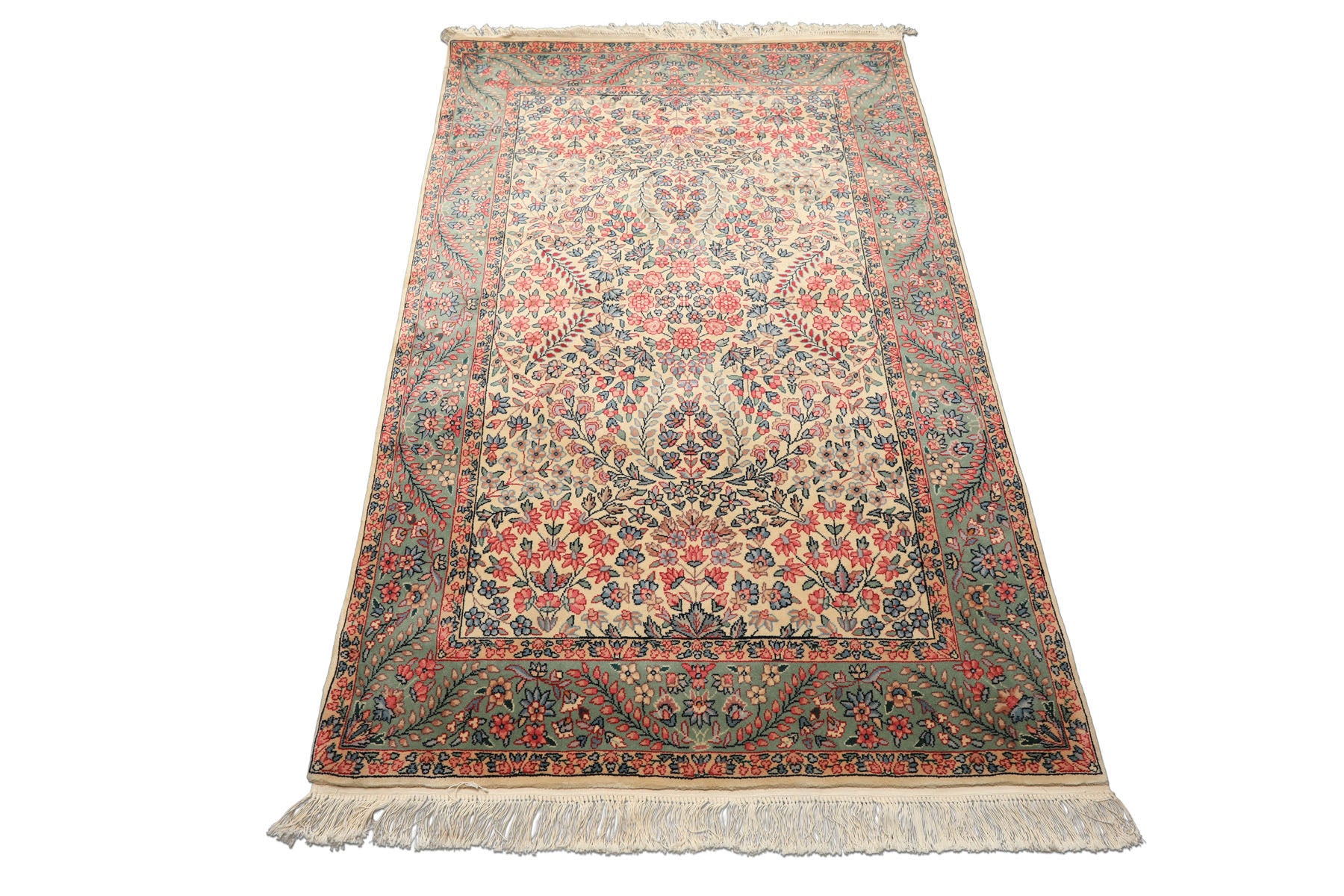4x6 Ivory, Aqua, Navy Color Hand Knotted Kerman New Zealand Wool Traditional Oriental Rug