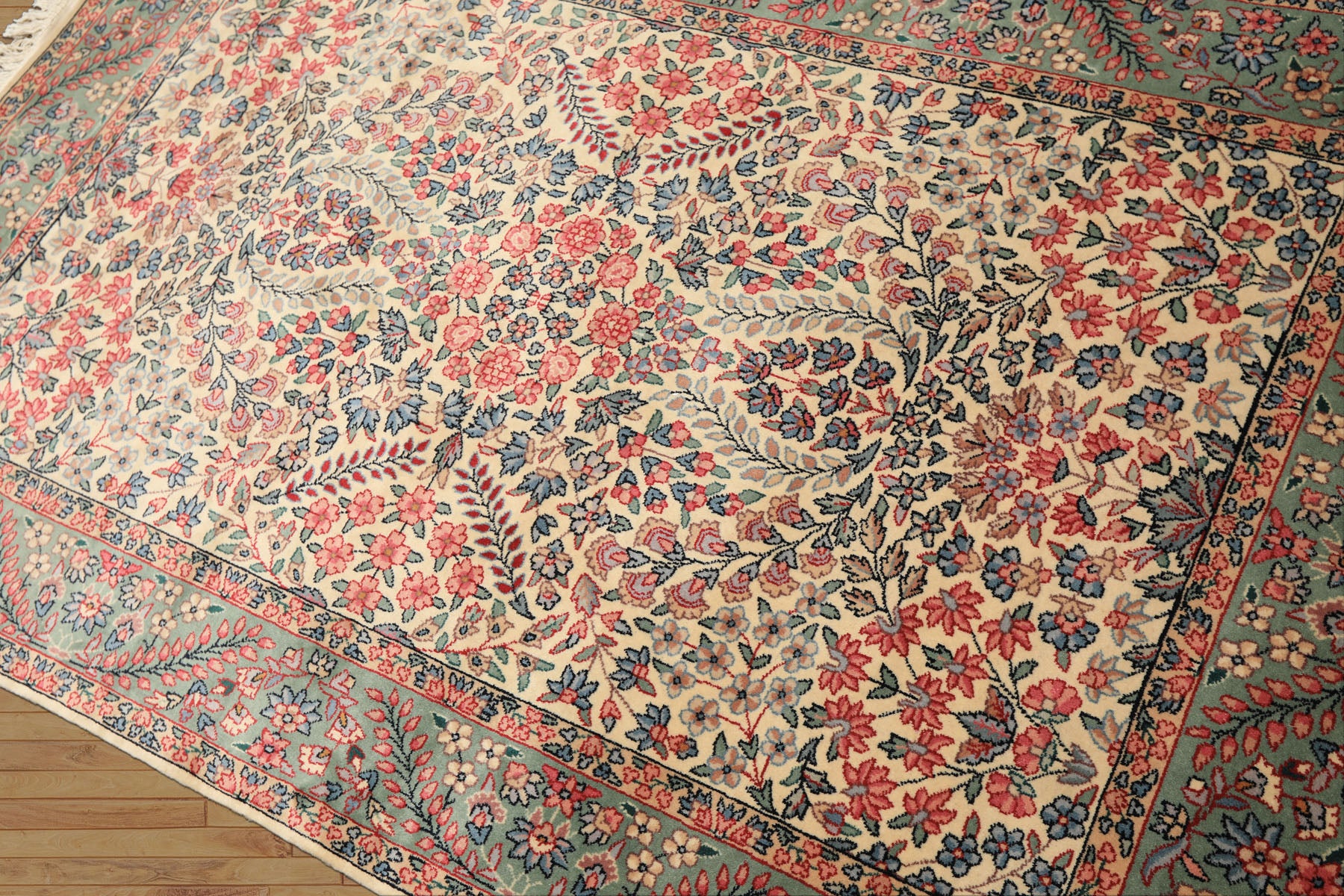 4x6 Ivory, Aqua, Navy Color Hand Knotted Kerman New Zealand Wool Traditional Oriental Rug