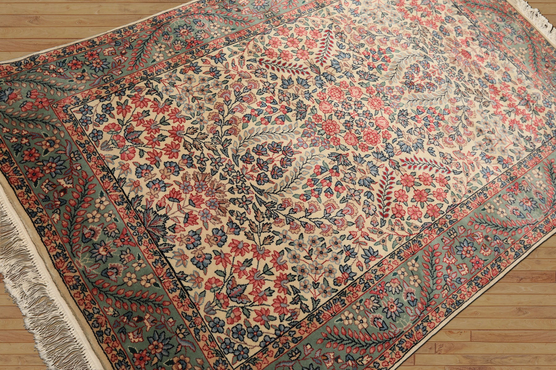 4x6 Ivory, Aqua, Navy Color Hand Knotted Kerman New Zealand Wool Traditional Oriental Rug