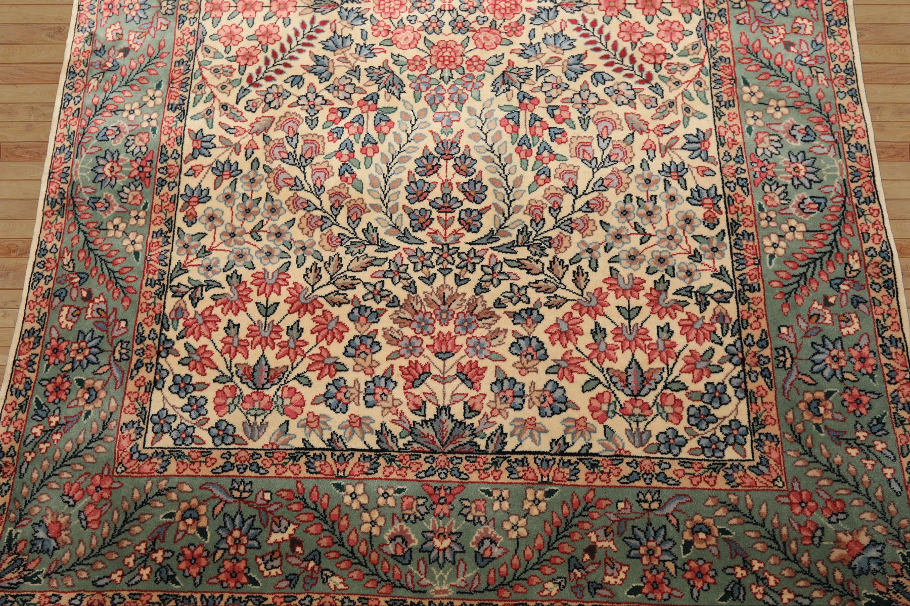 4x6 Ivory, Aqua, Navy Color Hand Knotted Kerman New Zealand Wool Traditional Oriental Rug