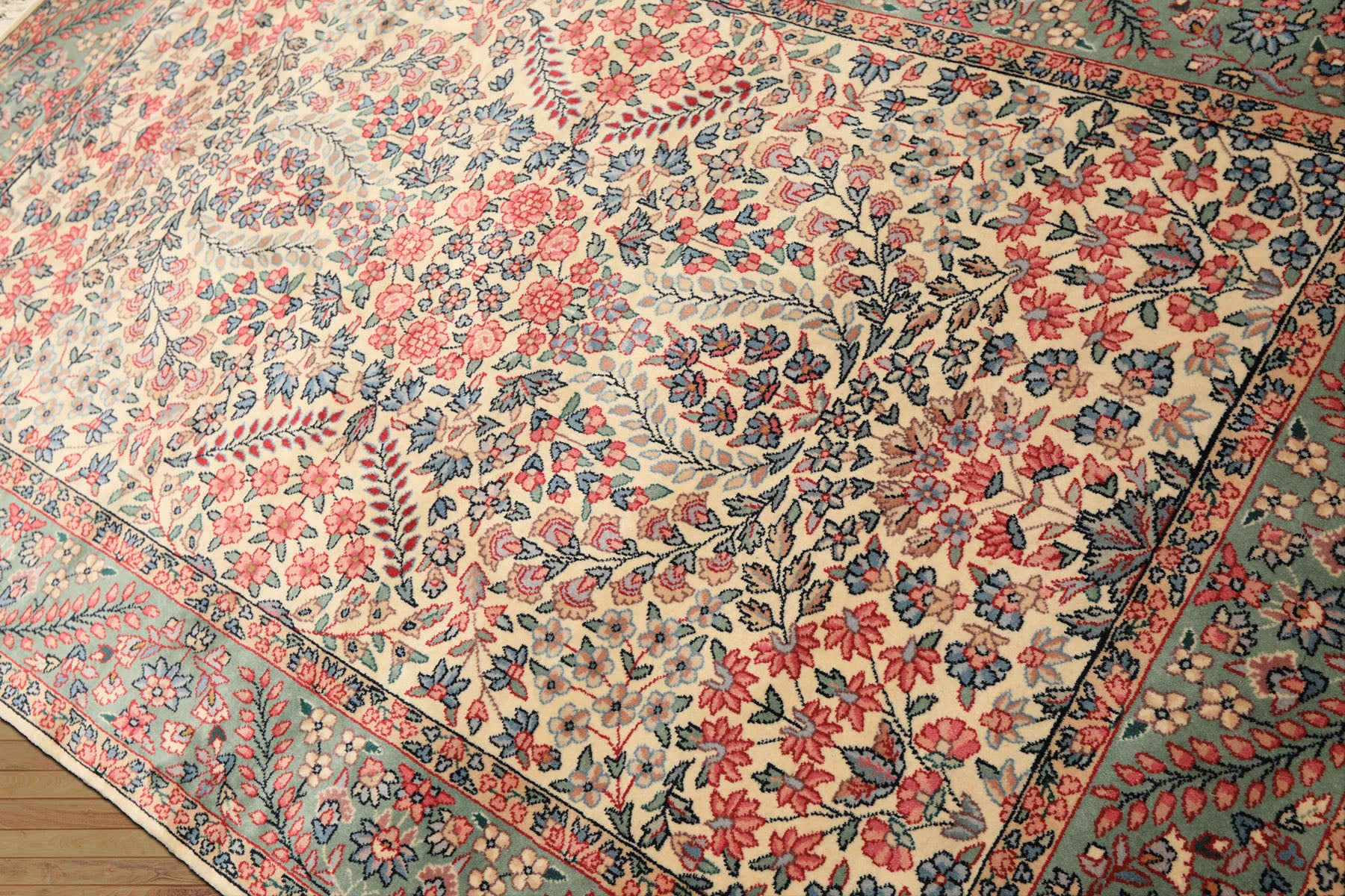 4x6 Ivory, Aqua, Navy Color Hand Knotted Kerman New Zealand Wool Traditional Oriental Rug