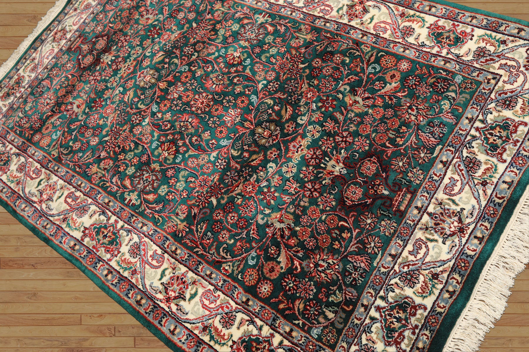 4x6 Emerald, Ivory, Red Color Hand Knotted Kashan Wool Traditional Oriental Rug
