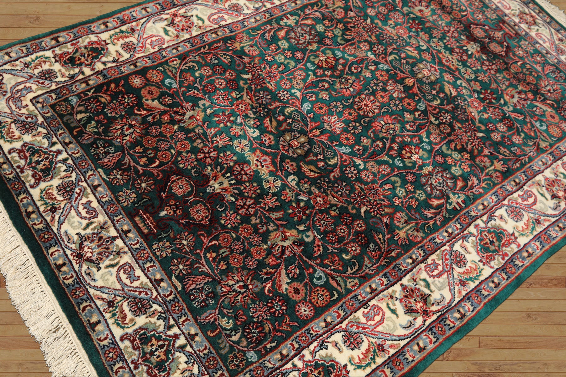 4x6 Emerald, Ivory, Red Color Hand Knotted Kashan Wool Traditional Oriental Rug