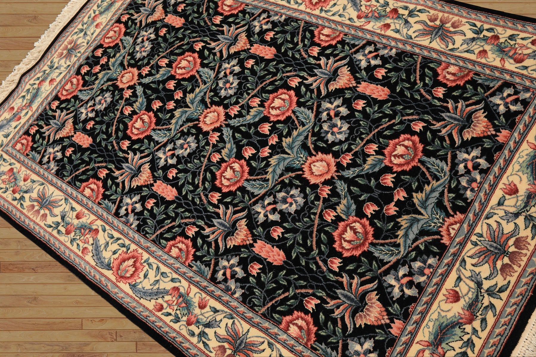 4x6 Black, Ivory, Aqua Color Hand Knotted French Aubusson Savonnerie Wool Traditional Oriental Rug