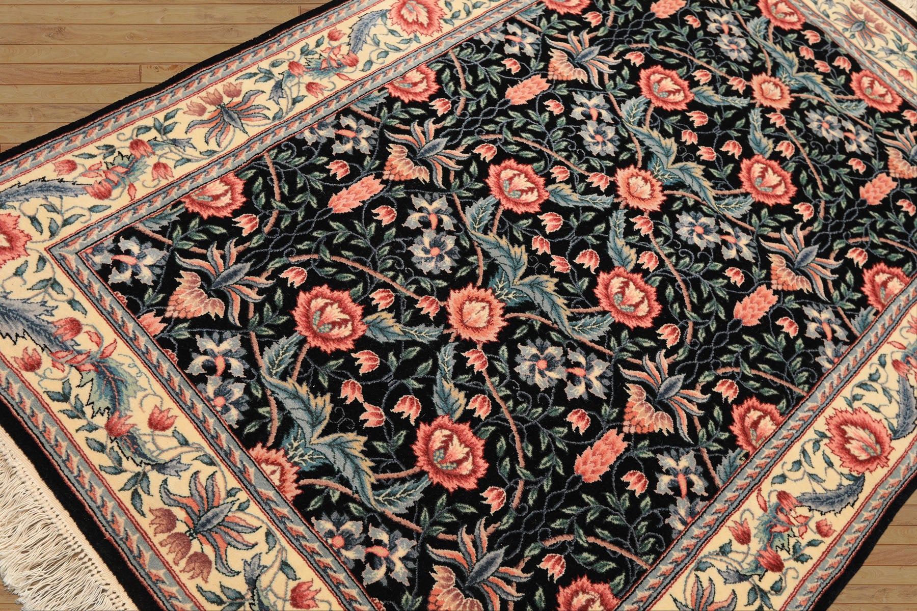 4x6 Black, Ivory, Aqua Color Hand Knotted French Aubusson Savonnerie Wool Traditional Oriental Rug