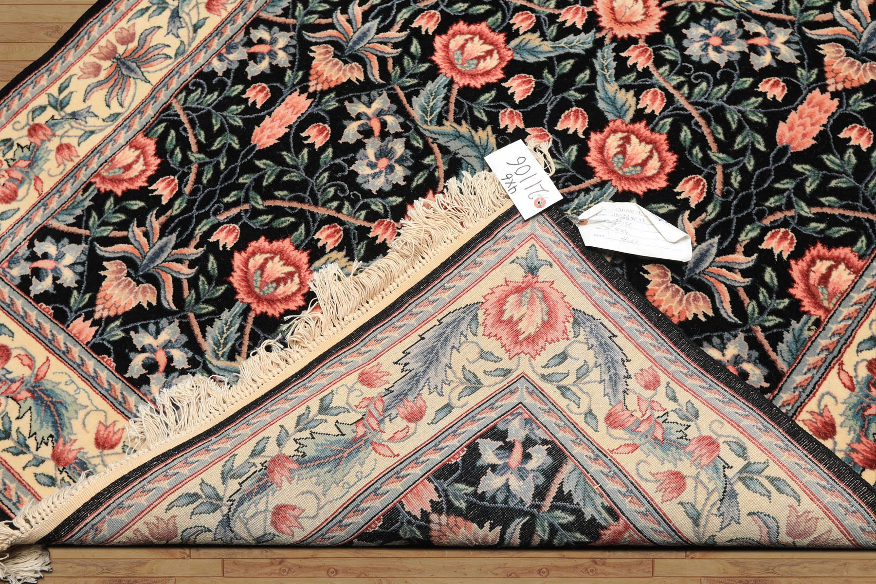 4x6 Black, Ivory, Aqua Color Hand Knotted French Aubusson Savonnerie Wool Traditional Oriental Rug