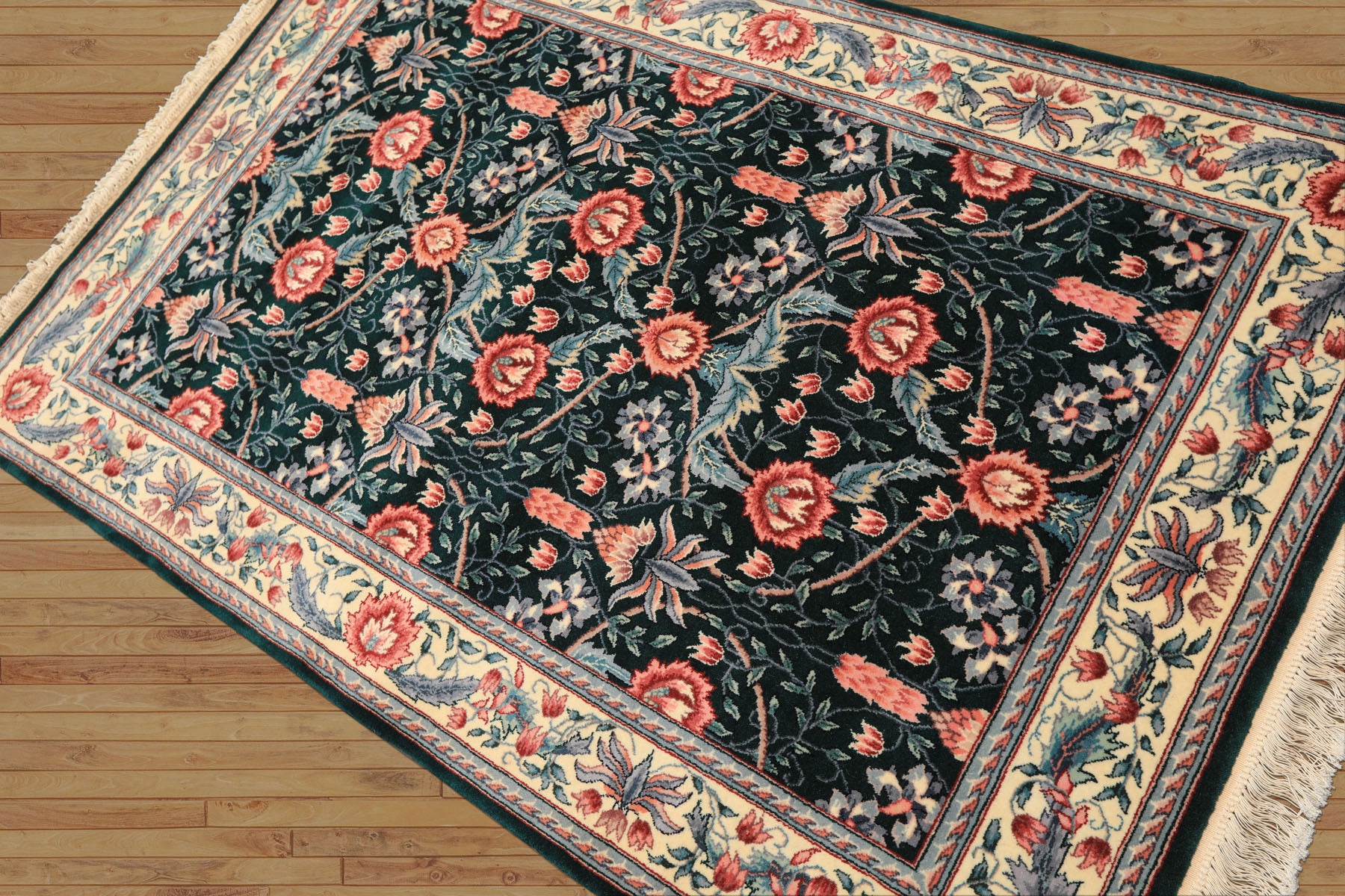 4x6 Emerald, Ivory, Rose Color Hand Knotted French Aubusson Savonnerie Wool Traditional Oriental Rug