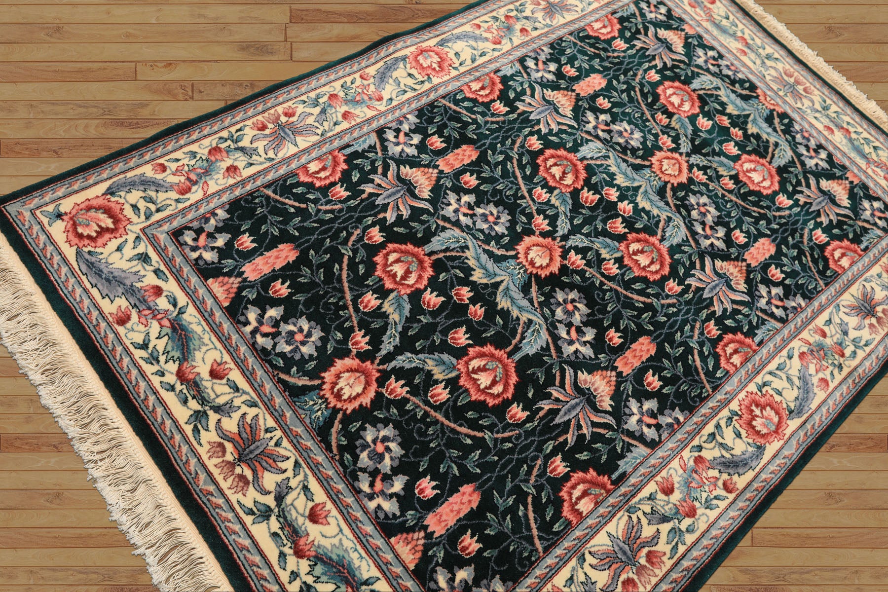 4x6 Emerald, Ivory, Rose Color Hand Knotted French Aubusson Savonnerie Wool Traditional Oriental Rug