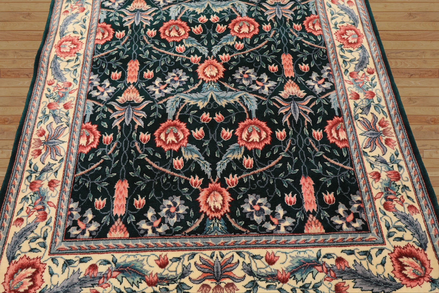 4x6 Emerald, Ivory, Rose Color Hand Knotted French Aubusson Savonnerie Wool Traditional Oriental Rug