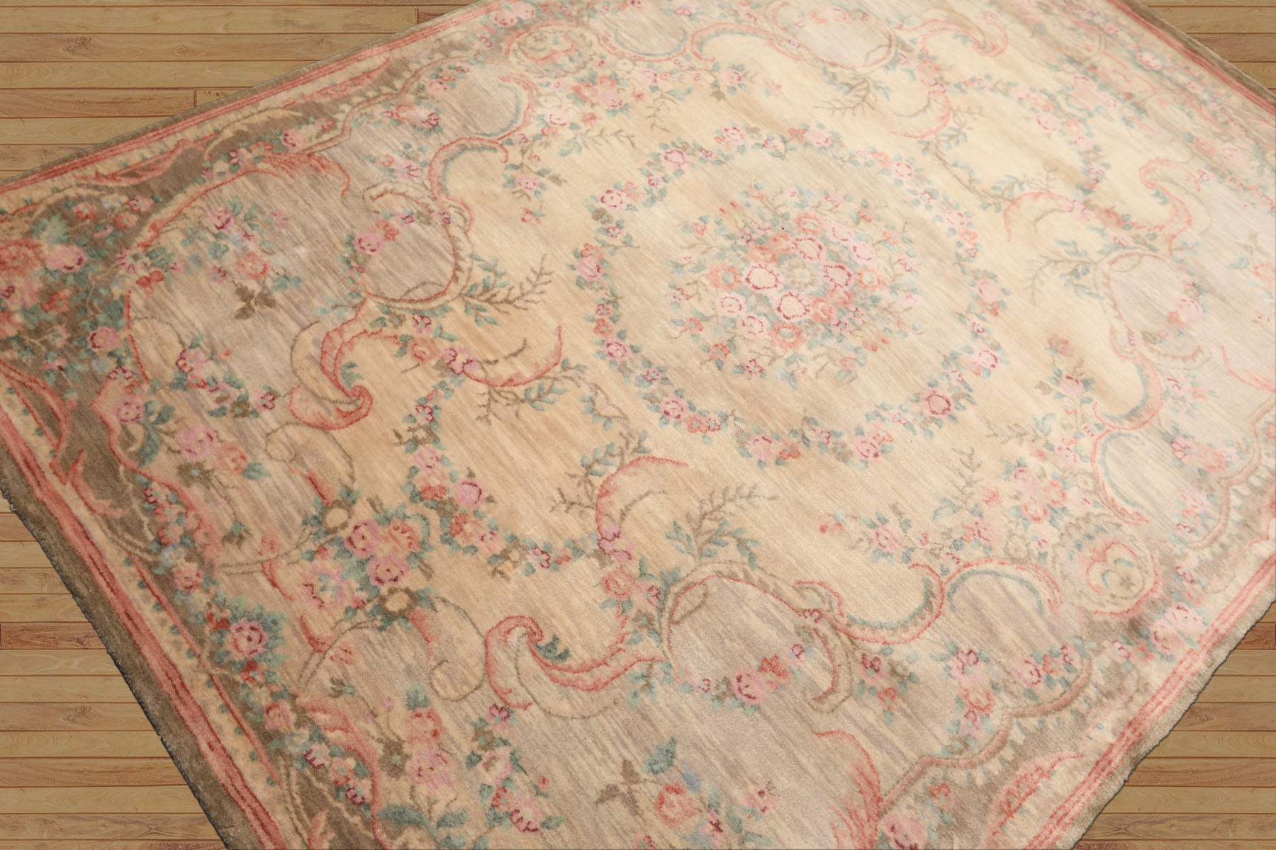 5x7 Beige, Rose, Brown Color Hand Knotted French Aubusson Savonnerie New Zealand Wool Traditional Oriental Rug