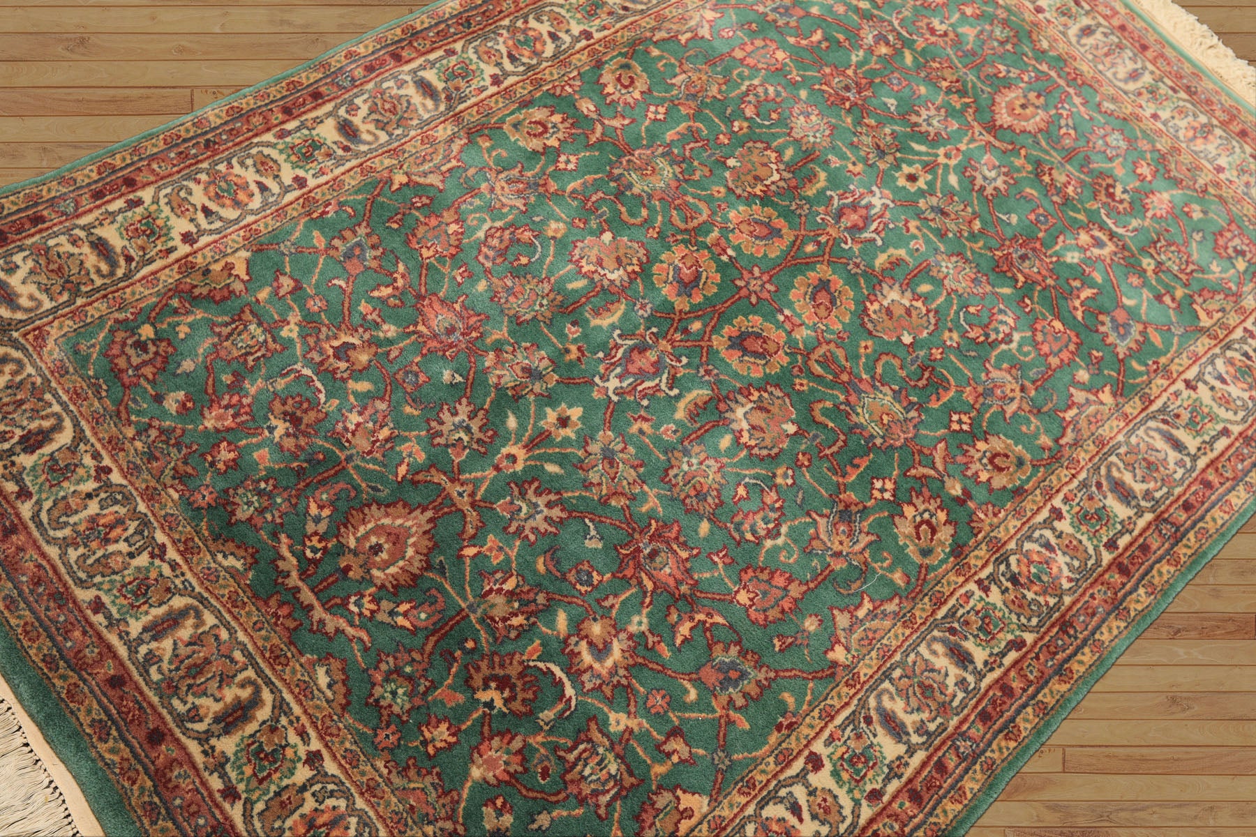 4x6 Green, Ivory, Rust Color Hand Knotted Kashan New Zealand Wool Traditional Oriental Rug