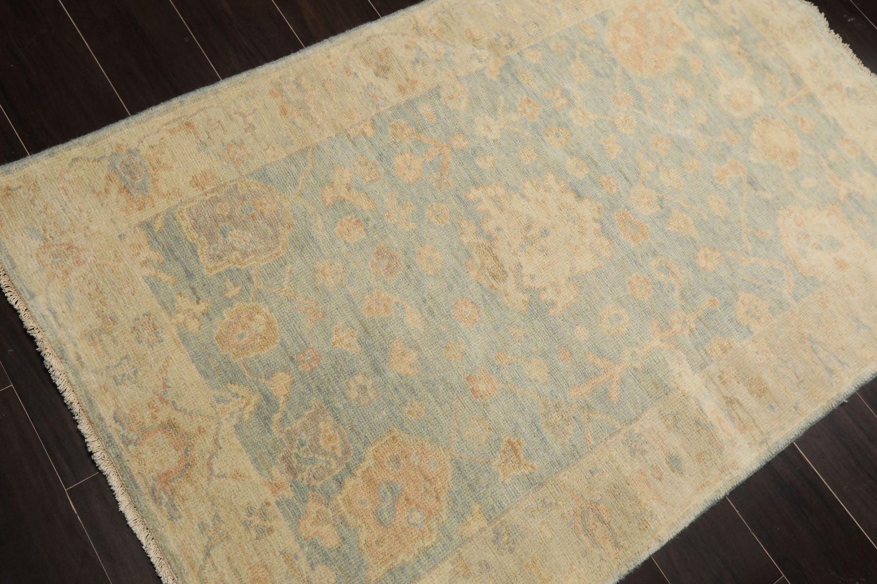 3x5 Aqua, Ivory, Caramel Color Hand Knotted Oushak Wool Transitional Oriental Rug