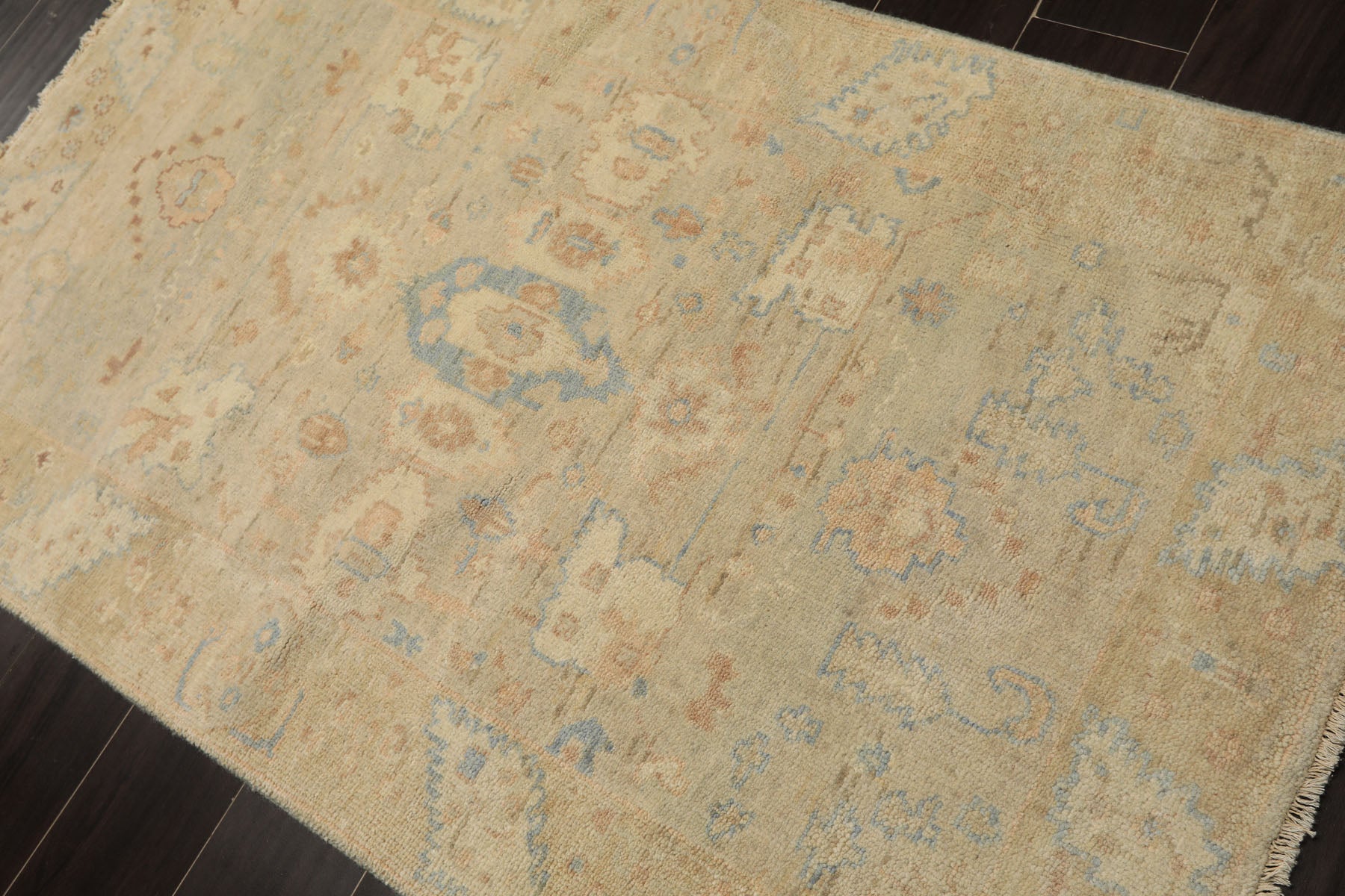 3x5 Beige, Ivory, Aqua Color Hand Knotted Oushak Wool Transitional Oriental Rug