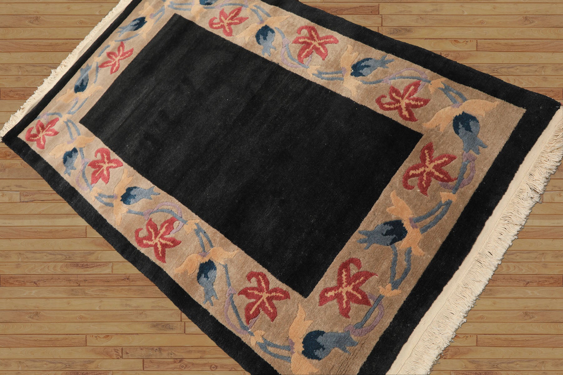4x6 Charcoal, Tan, Rose Color Hand Knotted Tibetan Wool Transitional Oriental Rug