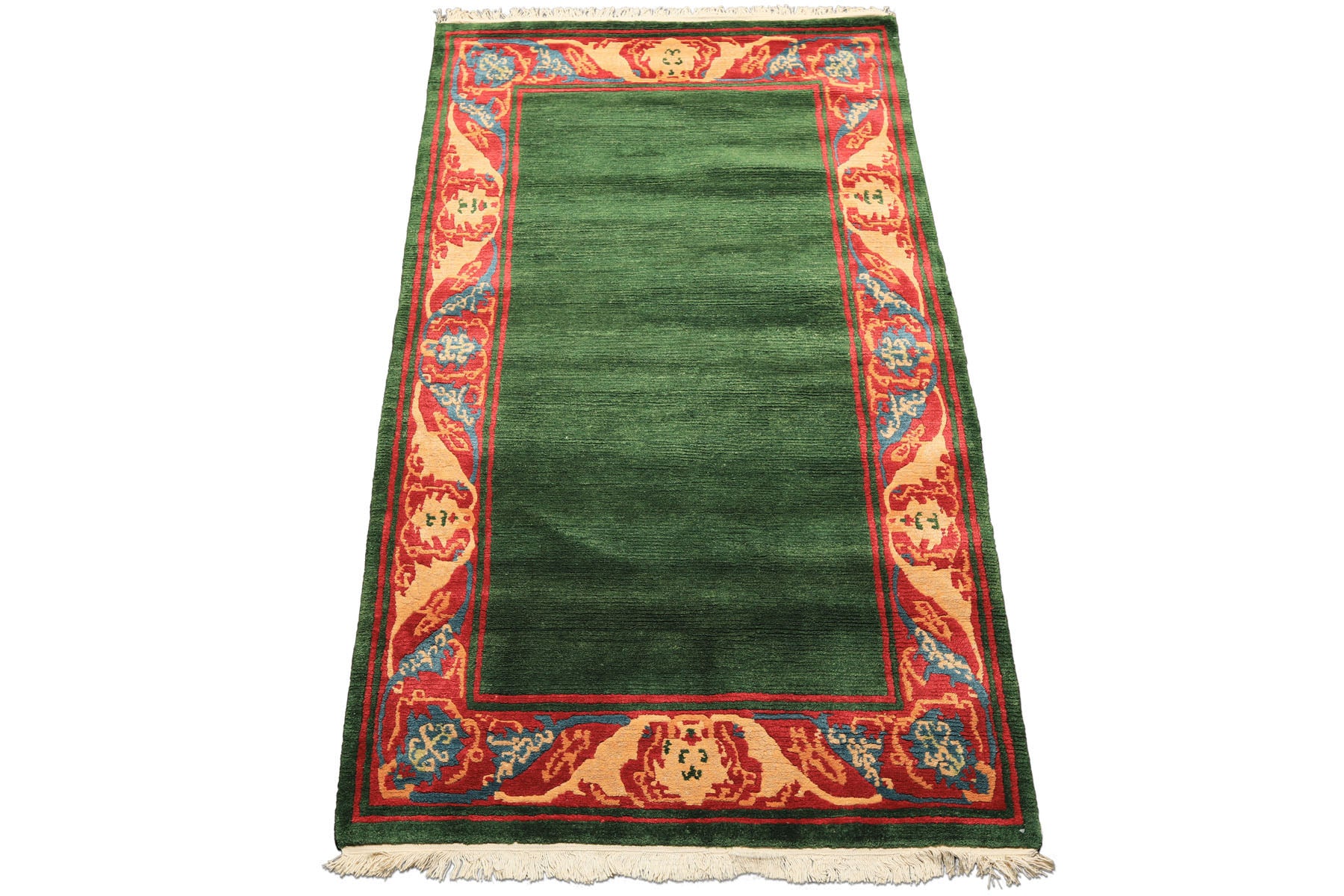 5x7 Green, Coral, Peach Color Hand Knotted Tibetan Wool Transitional Oriental Rug