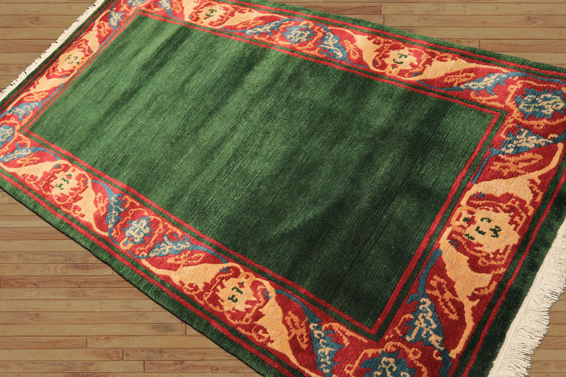 5x7 Green, Coral, Peach Color Hand Knotted Tibetan Wool Transitional Oriental Rug