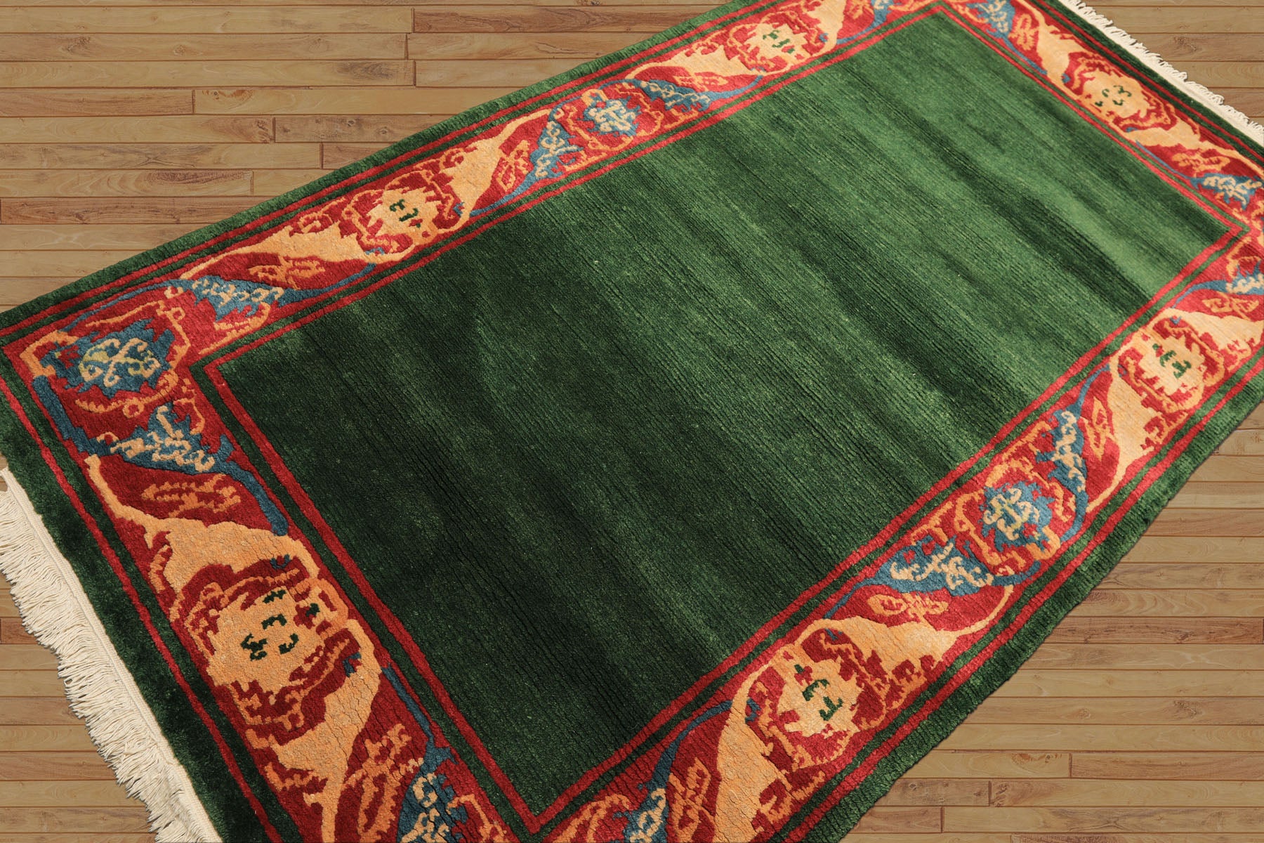5x7 Green, Coral, Peach Color Hand Knotted Tibetan Wool Transitional Oriental Rug