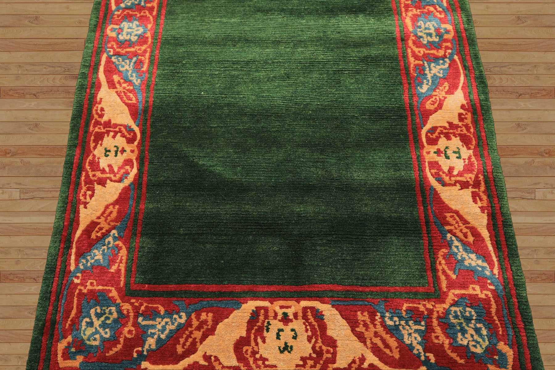 5x7 Green, Coral, Peach Color Hand Knotted Tibetan Wool Transitional Oriental Rug