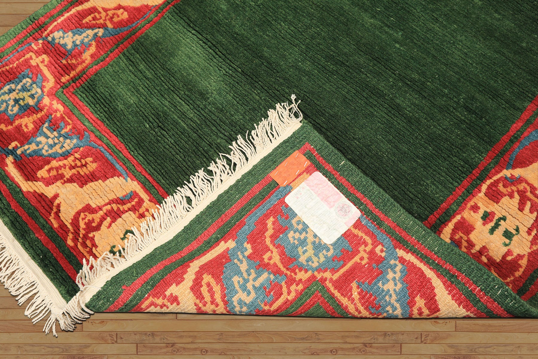 5x7 Green, Coral, Peach Color Hand Knotted Tibetan Wool Transitional Oriental Rug