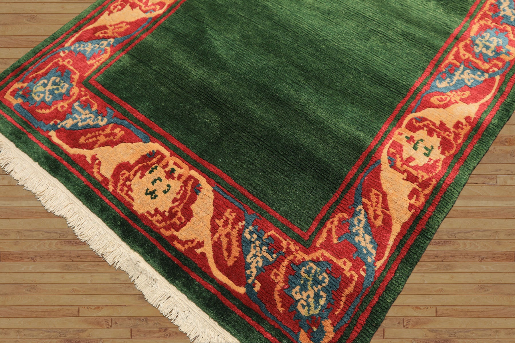 5x7 Green, Coral, Peach Color Hand Knotted Tibetan Wool Transitional Oriental Rug