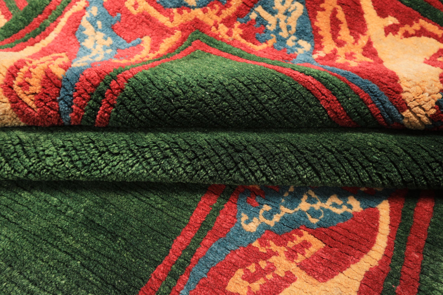 5x7 Green, Coral, Peach Color Hand Knotted Tibetan Wool Transitional Oriental Rug
