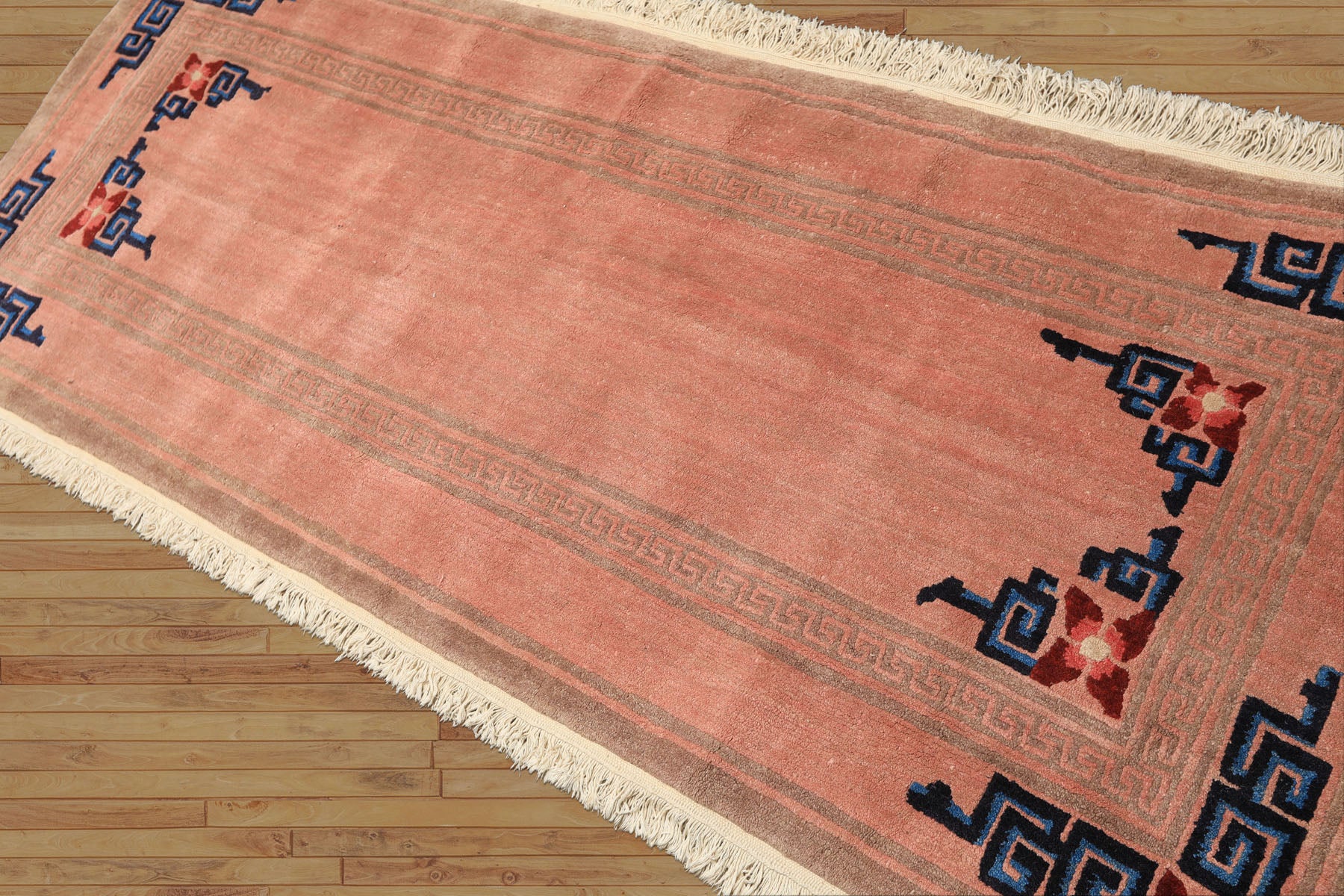 Runner Blush, Brown, Navy Color Hand Knotted Tibetan Wool Transitional Oriental Rug
