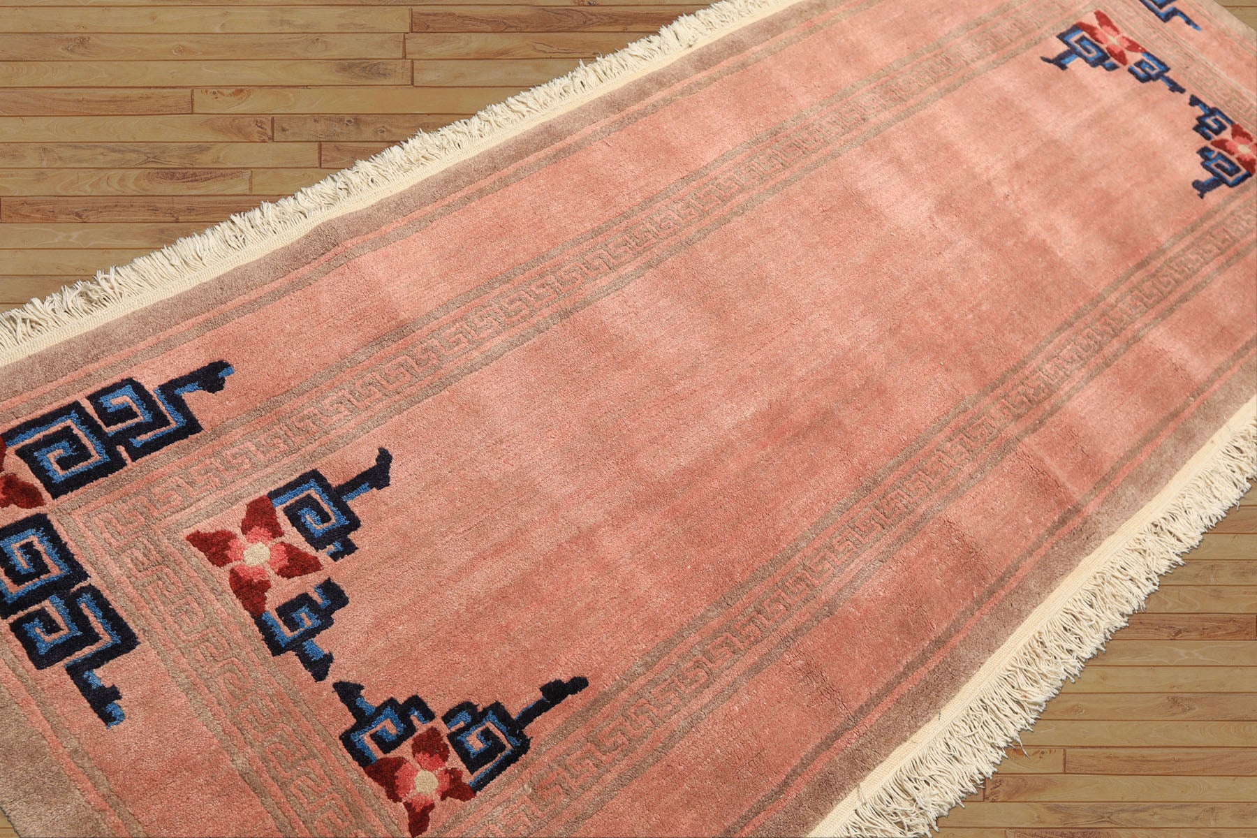 Runner Blush, Brown, Navy Color Hand Knotted Tibetan Wool Transitional Oriental Rug