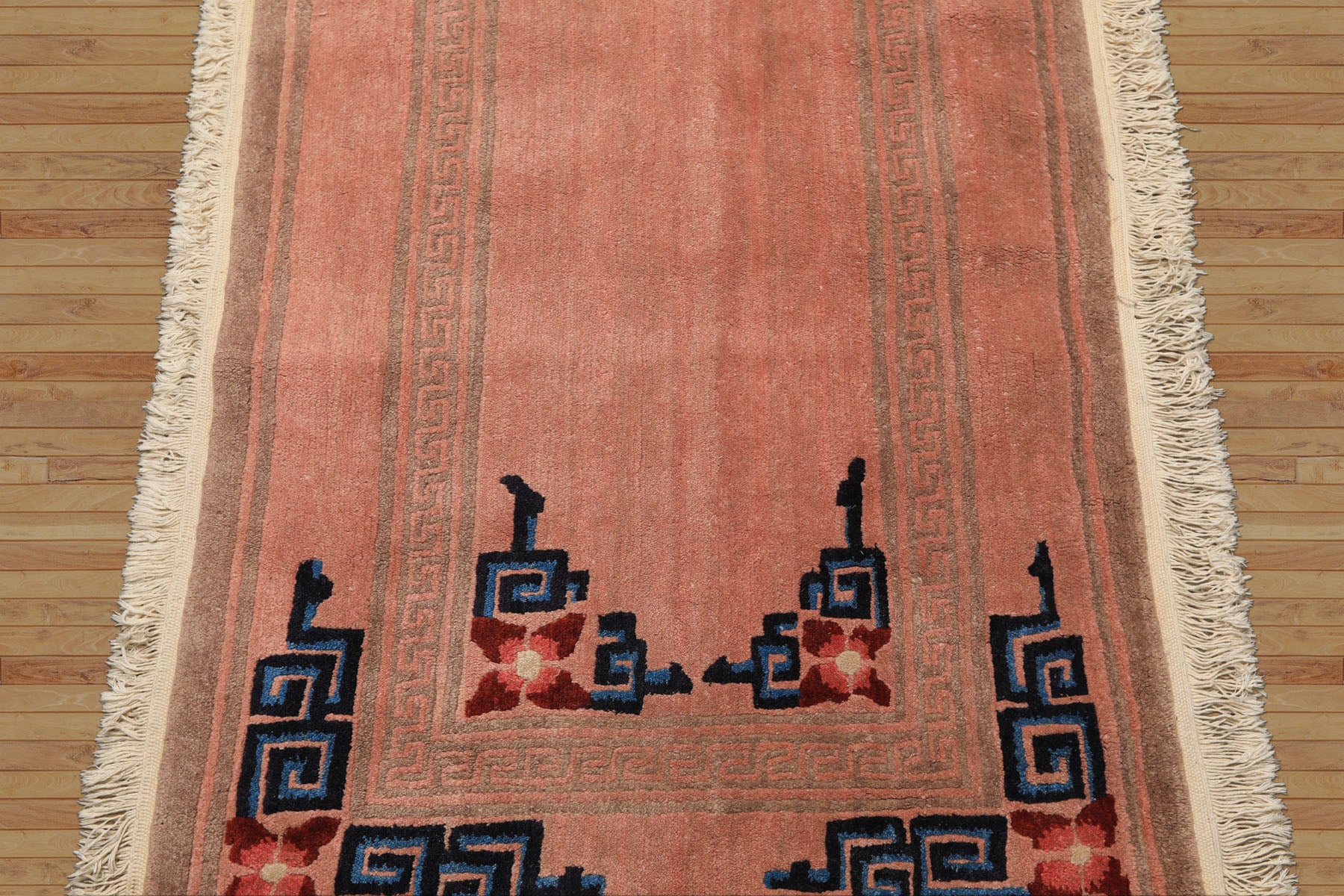 Runner Blush, Brown, Navy Color Hand Knotted Tibetan Wool Transitional Oriental Rug