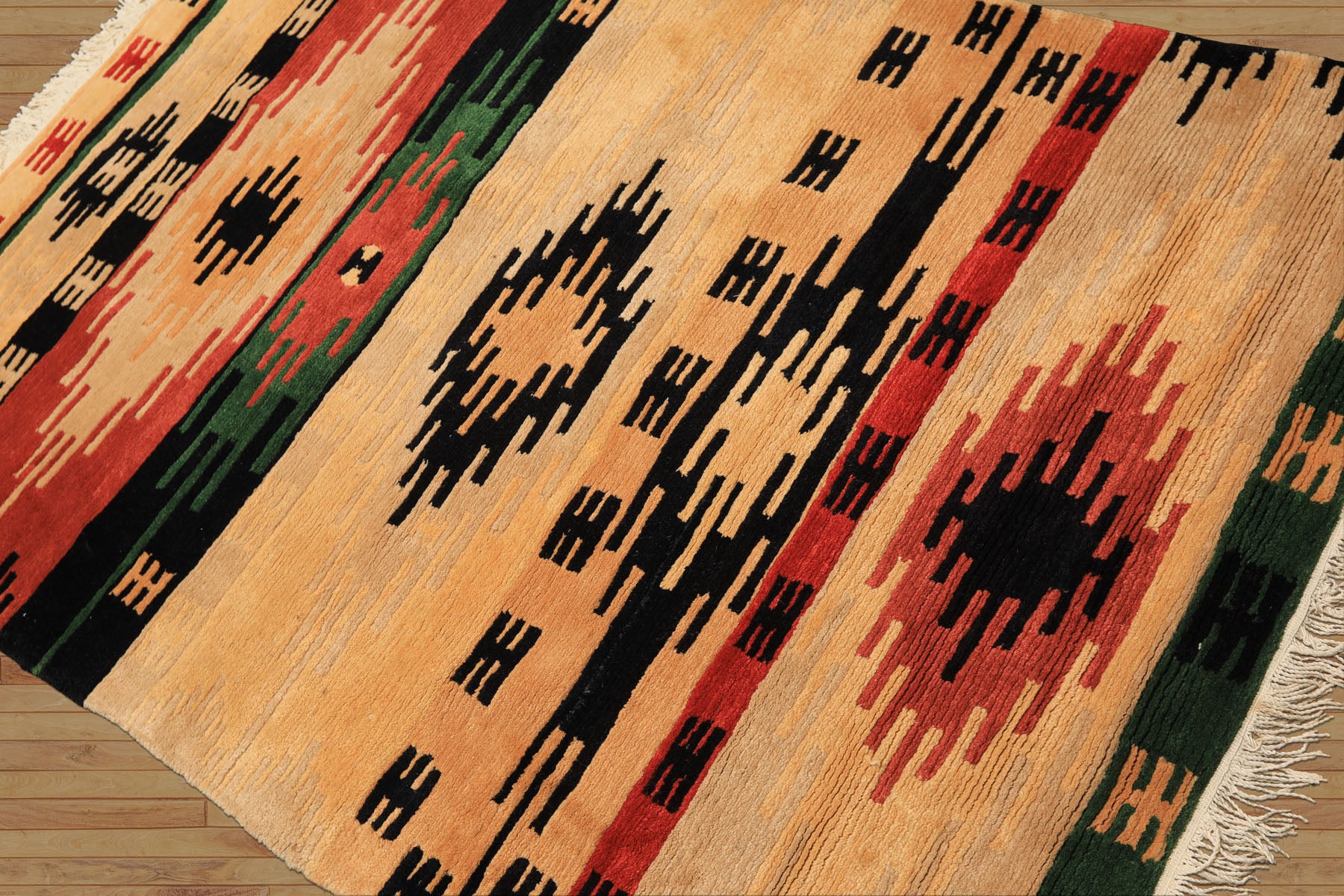 4x6 Beige, Faded Peach, Black Color Hand Knotted Tibetan Wool  Oriental Rug