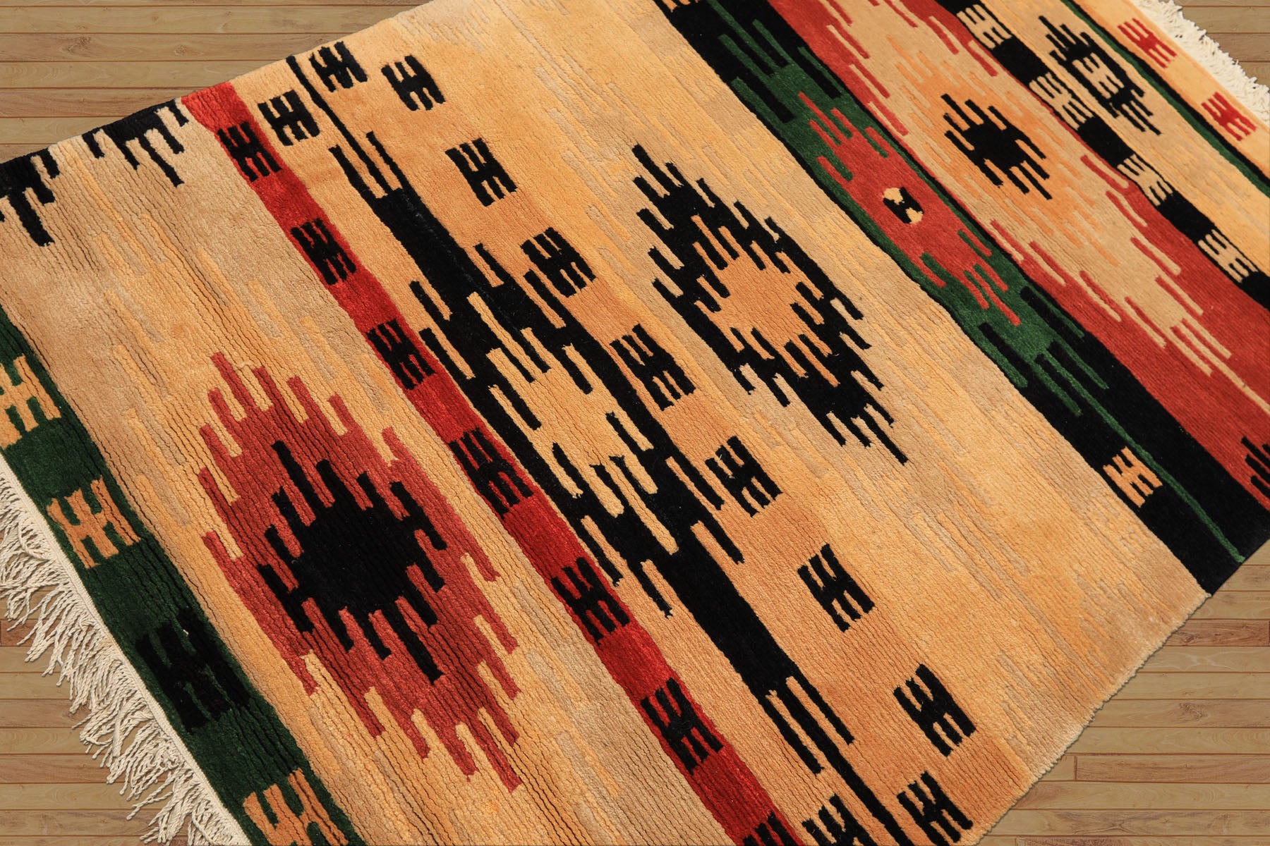 4x6 Beige, Faded Peach, Black Color Hand Knotted Tibetan Wool  Oriental Rug
