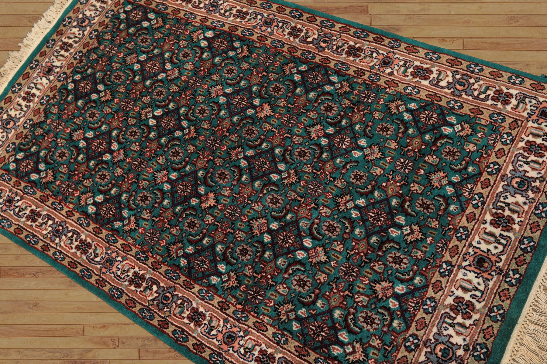 3x5 Green, Ivory, Tan Color Hand Knotted Indo Kashan Wool Traditional Oriental Rug