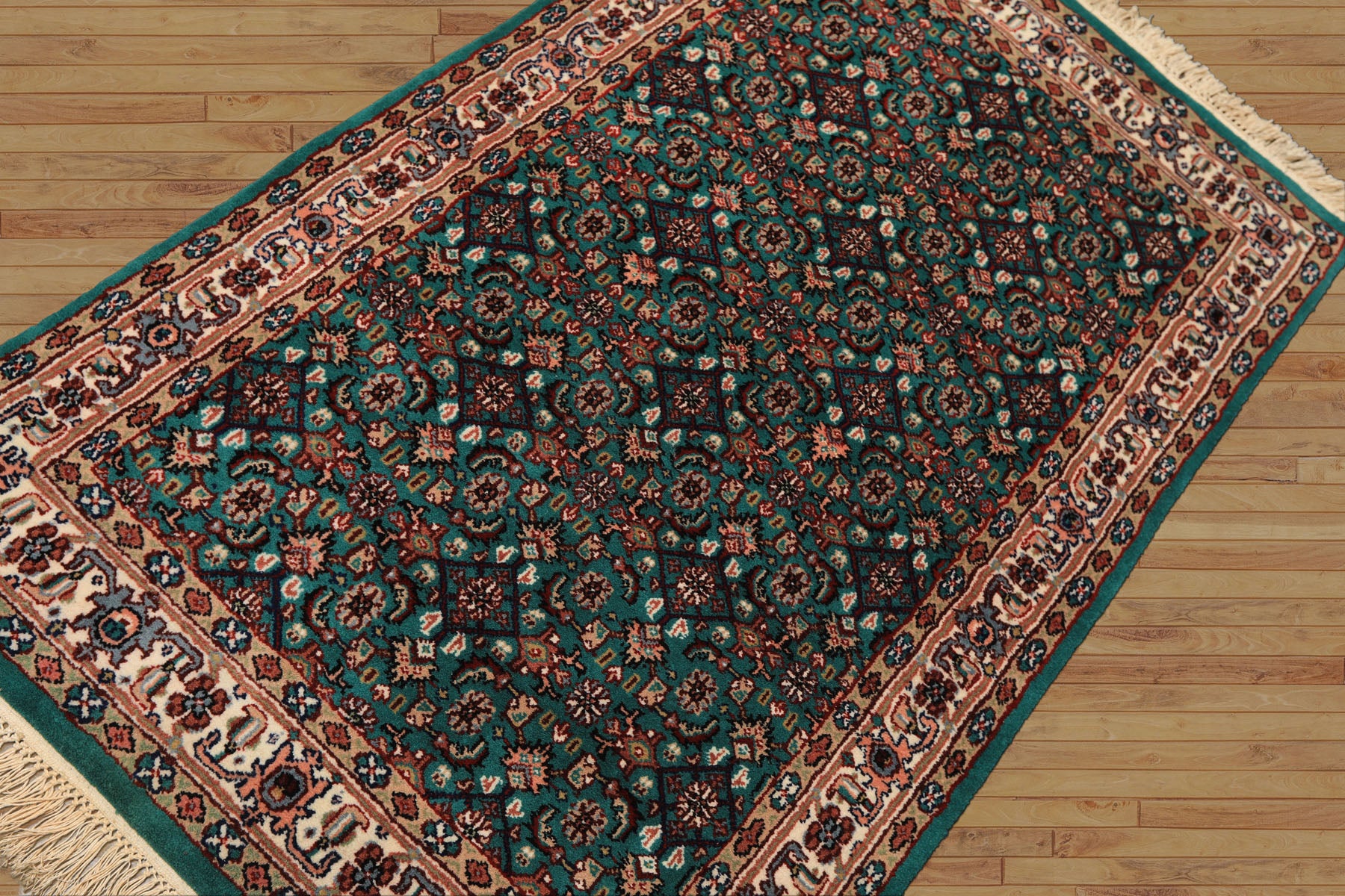 3x5 Green, Ivory, Tan Color Hand Knotted Indo Kashan Wool Traditional Oriental Rug