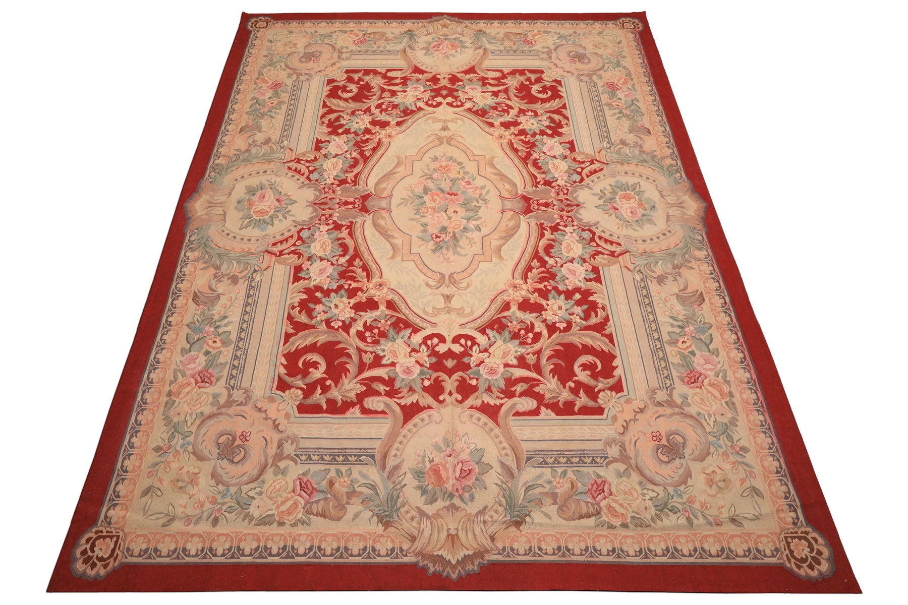 9x12 Red, Beige, Aqua Color Hand Woven French Aubusson Wool Traditional Oriental Rug