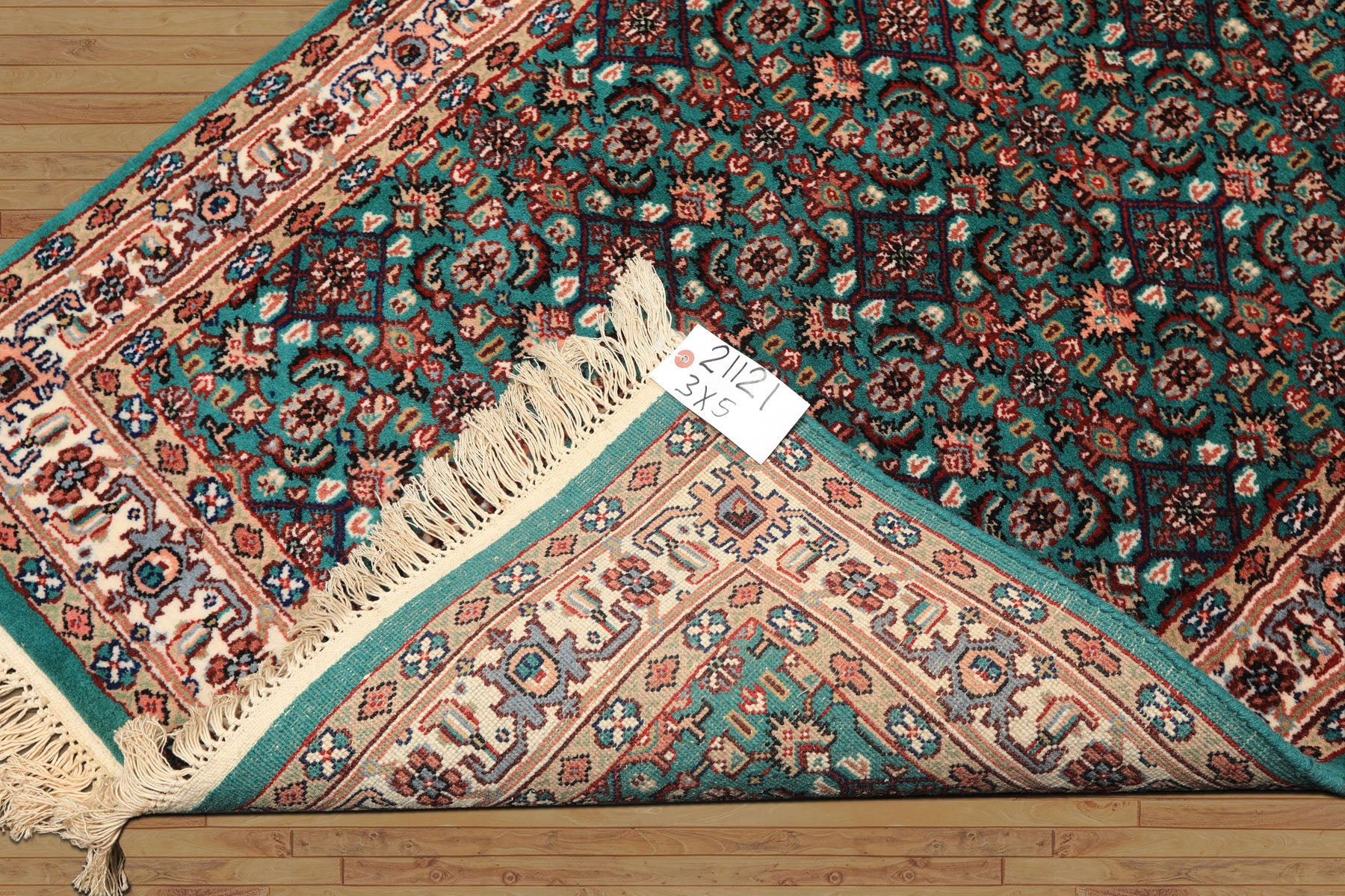 3x5 Green, Ivory, Tan Color Hand Knotted Indo Kashan Wool Traditional Oriental Rug