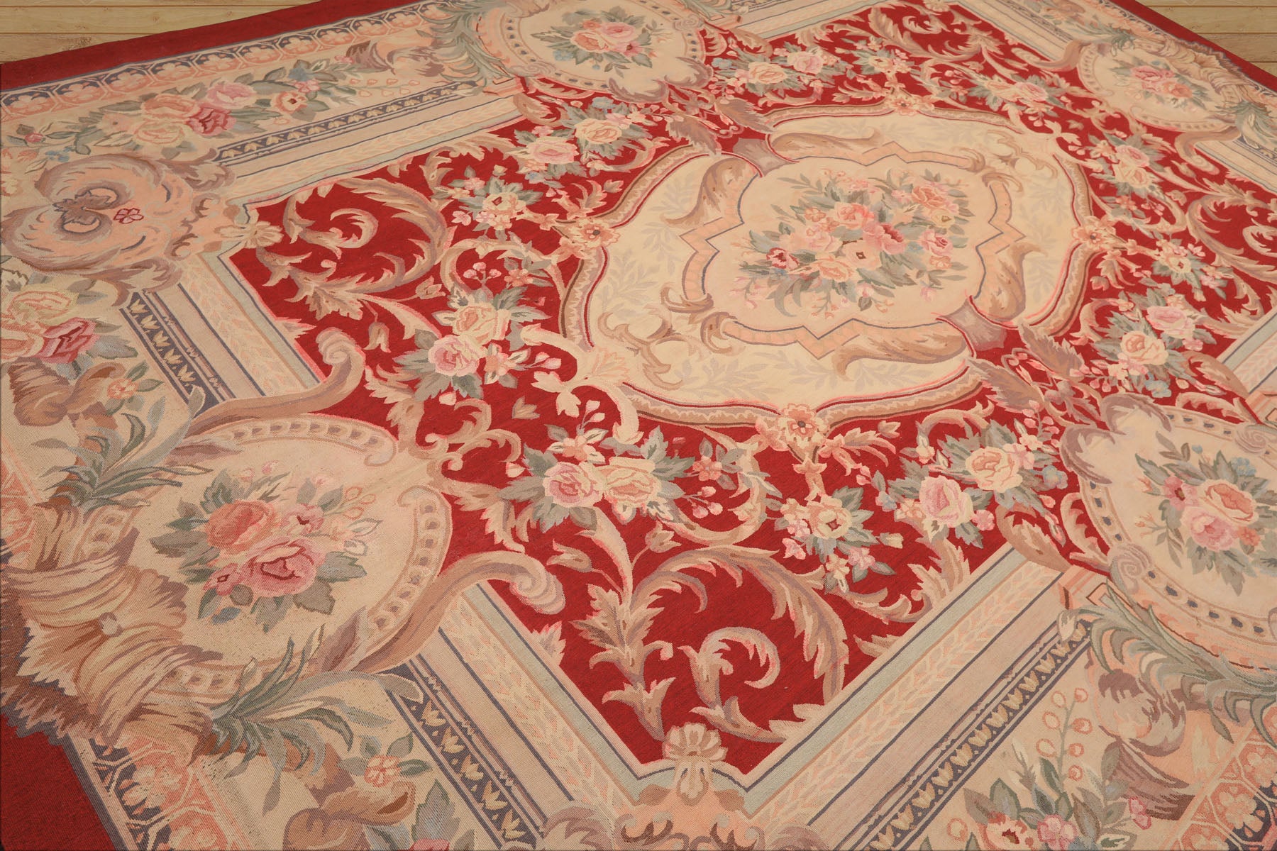 9x12 Red, Beige, Aqua Color Hand Woven French Aubusson Wool Traditional Oriental Rug
