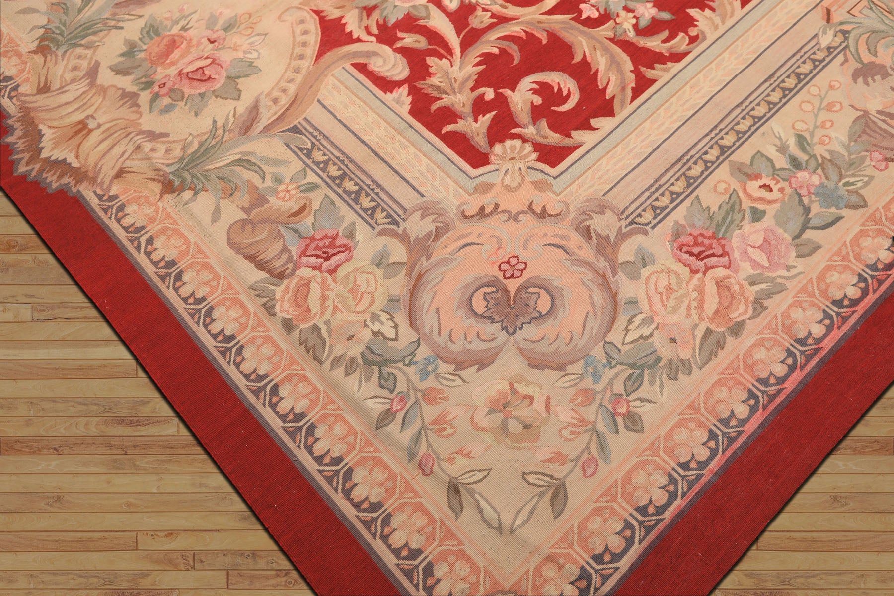 9x12 Red, Beige, Aqua Color Hand Woven French Aubusson Wool Traditional Oriental Rug