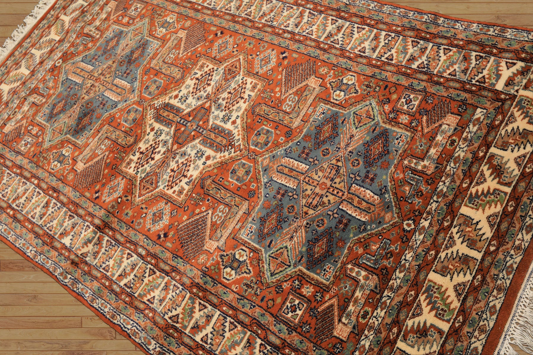 4x6 Burnt Orange, Ivory, Blue Color Hand Knotted Kazak Wool  Oriental Rug